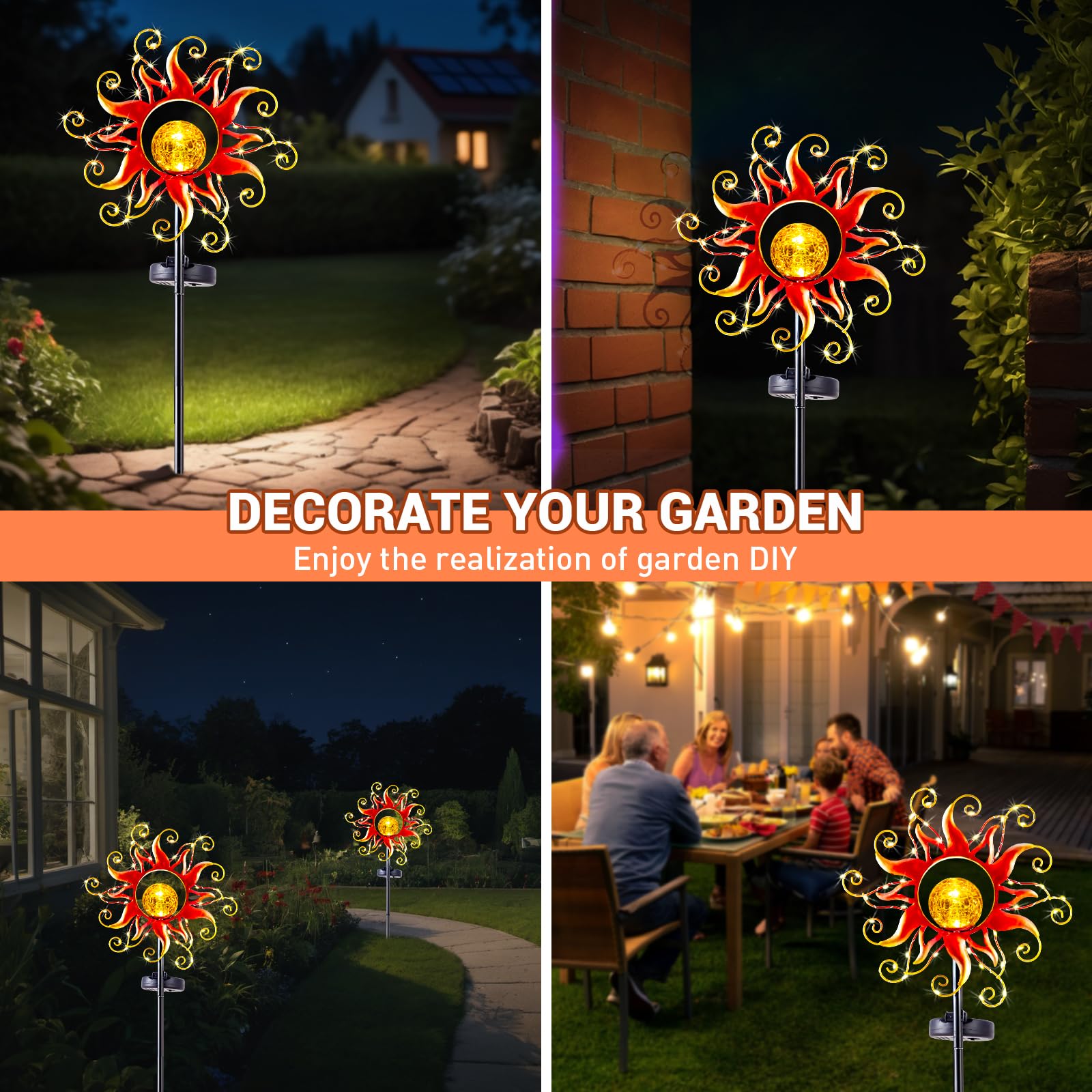 Kacux Solar Lights Outdoor Waterproof Red Sun Metal Crackle Glass Stake Decorative For Outside,Yard,Lawn,Patio,Walkway Mothers'Day  Mom Grandma Garden Lover