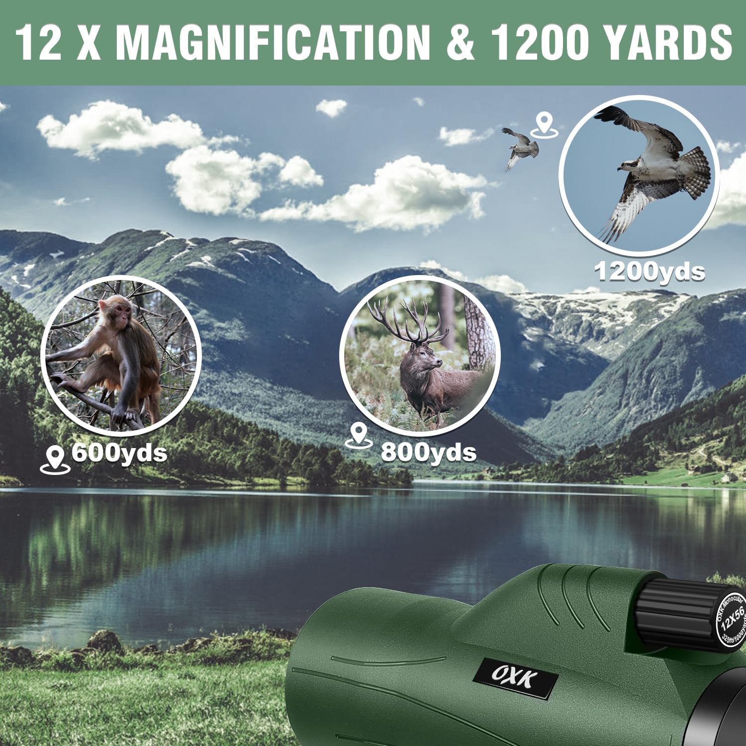 Oxk Optics 12X56 High Power Monocular Telescope With Smartphone Adapter Tripod Bag, Lightweight Monoculars For Adults With Bak4 Prism & Fmc Lens, Suitable For Bird Watching Camping - Army Green