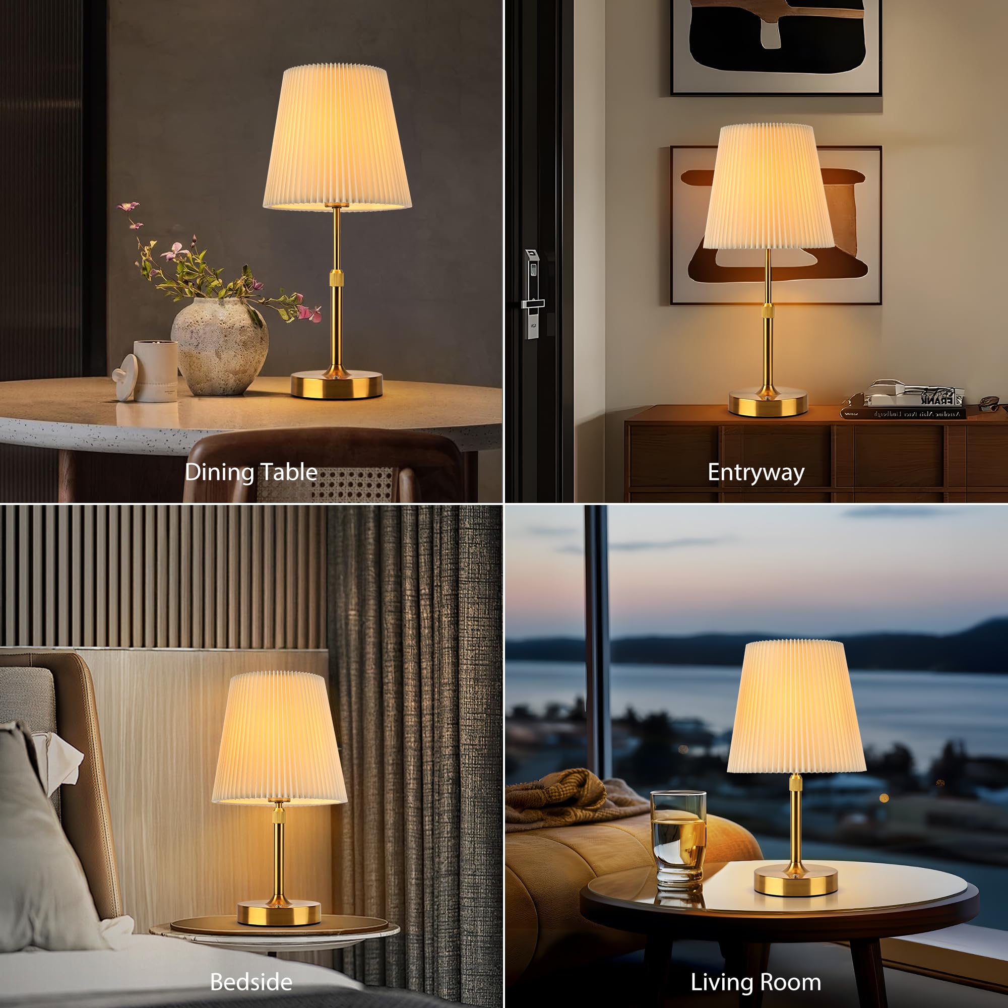 Hiseego Cordless Table Lamp, 2 Bulbs Included & Fabric Shade Adjustable Decorative Lamp, 5200Mah Rechargeable Battery Operated Dimmable Touch Lamp For Kitchen, Living Room, Bedroom, Bar(Gold)
