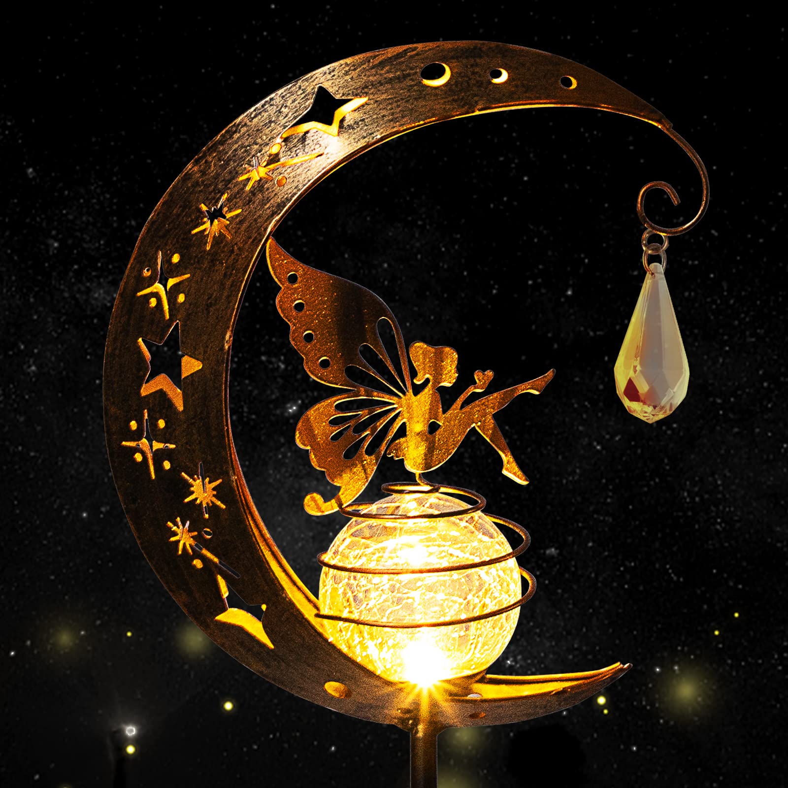 Licklip Moon & Fairy Garden Solar Stake Light Outdoor, Crackle Glass Globe With Metal Angle Stake, Waterproof Warm White Led, Decoration For Pathway Lawn Patio Courtyard Backyard (1 Pack)