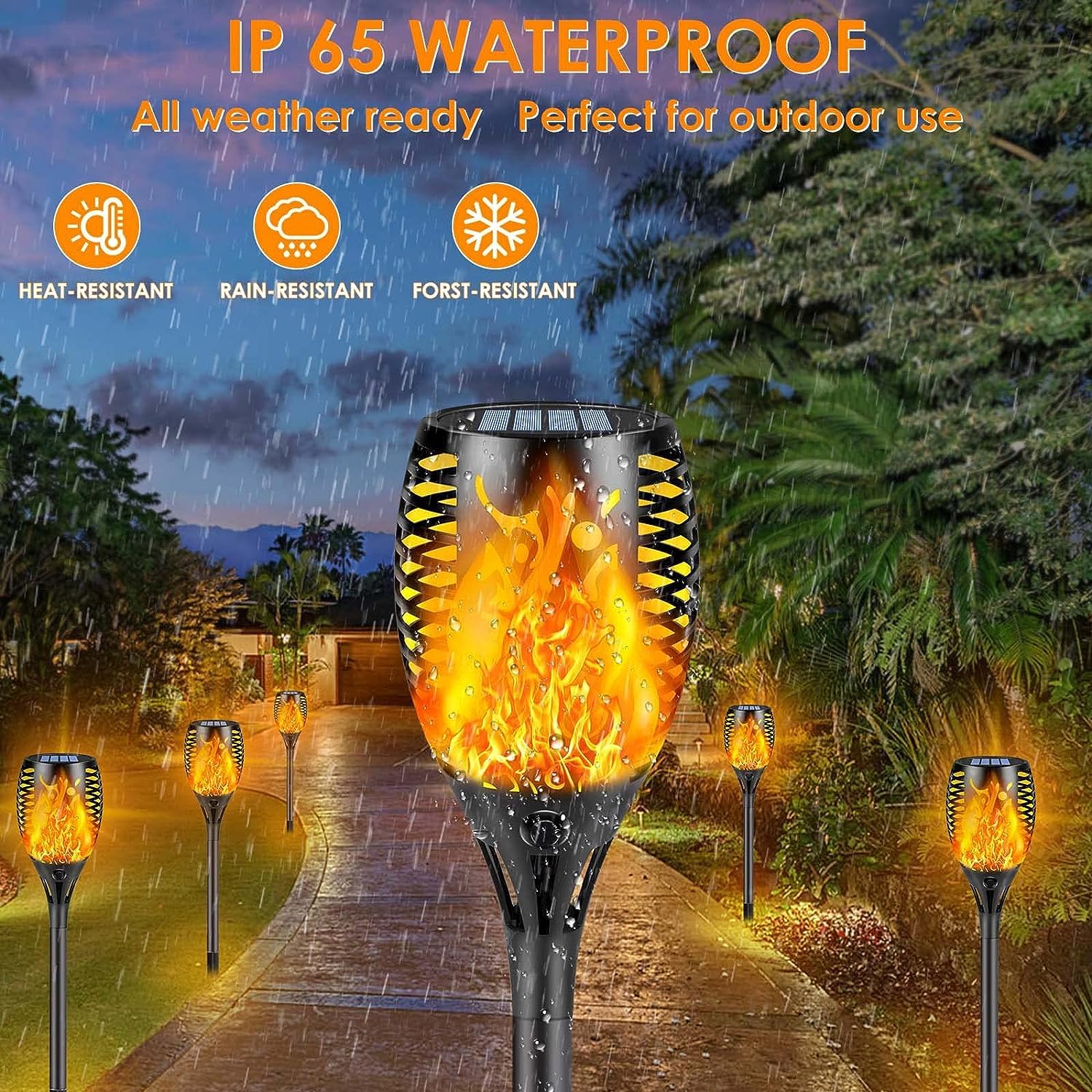 Sanjicha 2 Pack 144Ft 400Led Solar Lights Outdoor Waterproof With 6 Pack Extra Bright Solar Flame Torch Lights