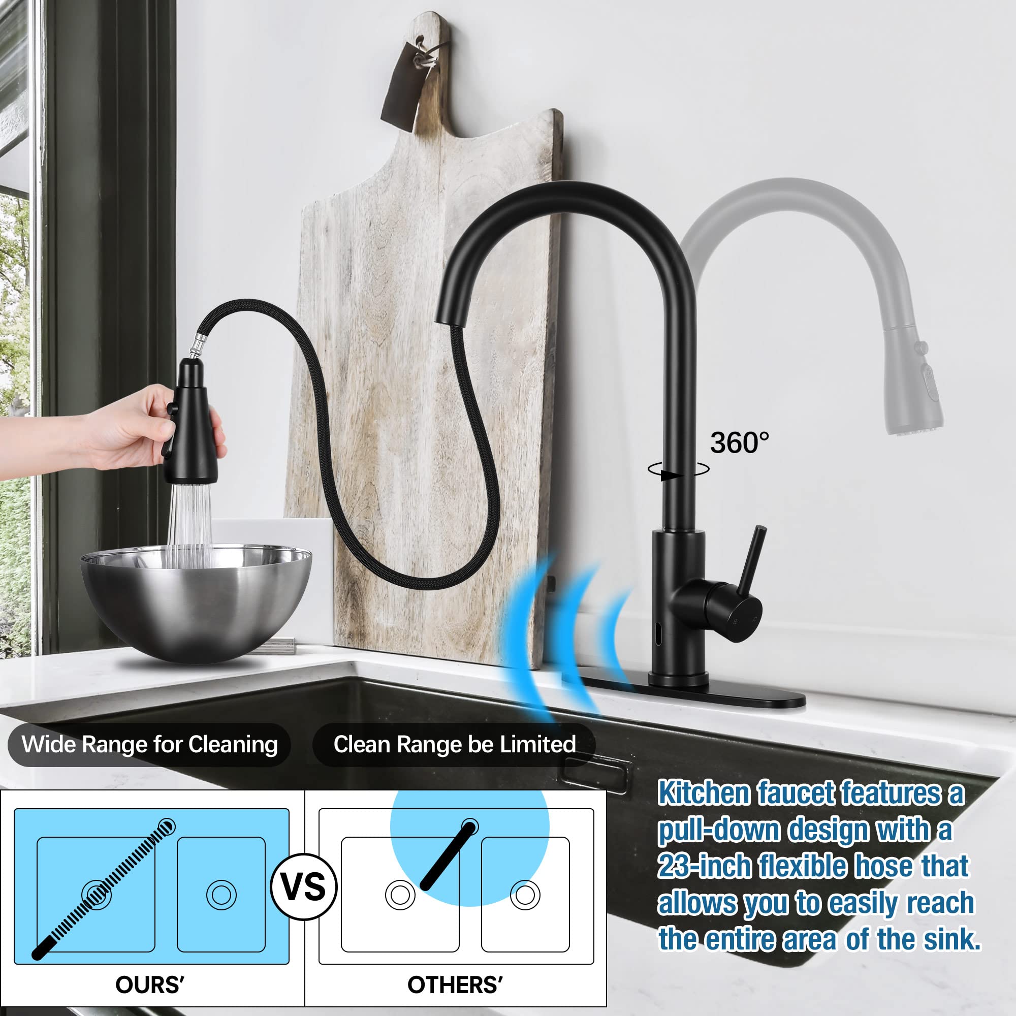 Fgkq Touchless Kitchen Faucet With Pull Down Sprayer, Black High Arc Single Handle Single Hole Commercial Kitchen Sink Faucet For Bar Rv