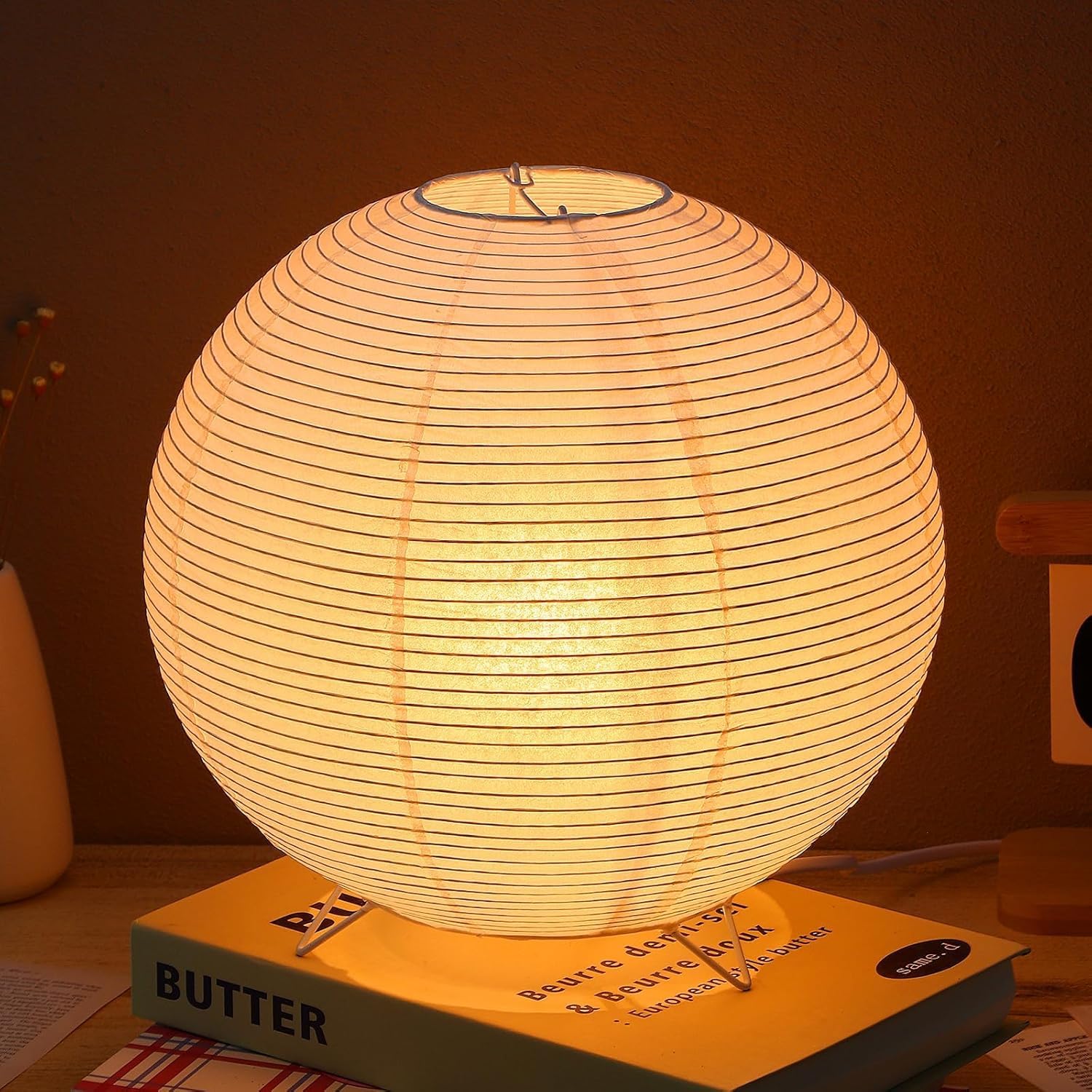 Mikily‘S Japanese Paper Table Lamp, Round Rice Paper Shade, Metal Base, Decorative Night Light For Bedroom, Desk, Dorm
