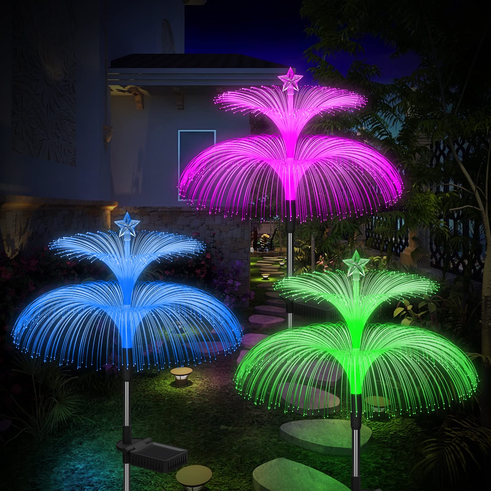Weepong Solar Garden Lights 3 Pack Solar Lights Outdoor Waterproof 7 Color Changing Double Jellyfish And Star Flower Garden Decor Yard Lawn Christmas Outdoor, For Mother'S Day Women