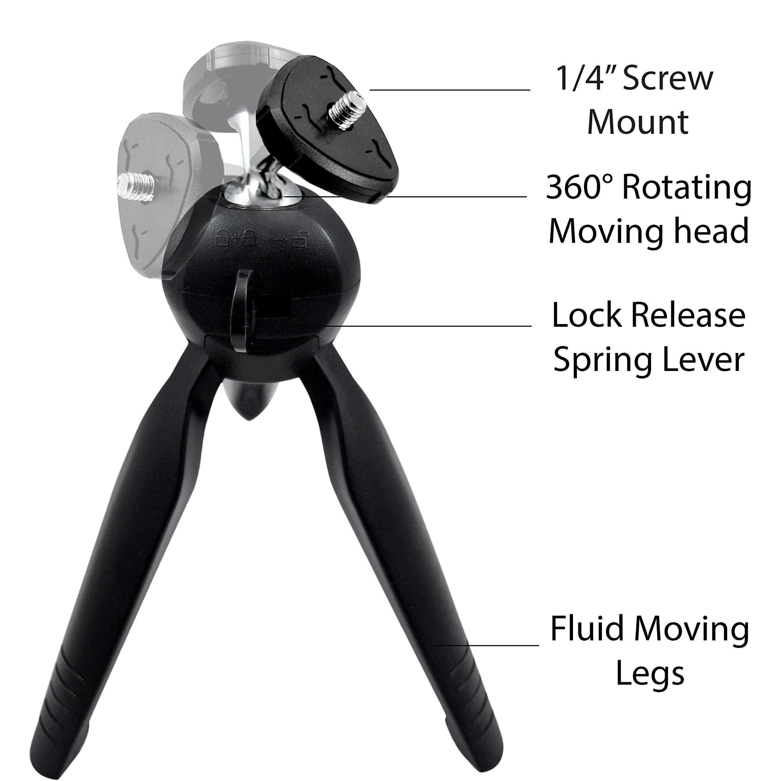 Ecostconnection Mini Compact Tripod With Rotating Head For Canon, Sony, Nikon, Go Pro & More Compact Cameras, Dslr'S And Iphone, Android Devices + Microfiber Cloth