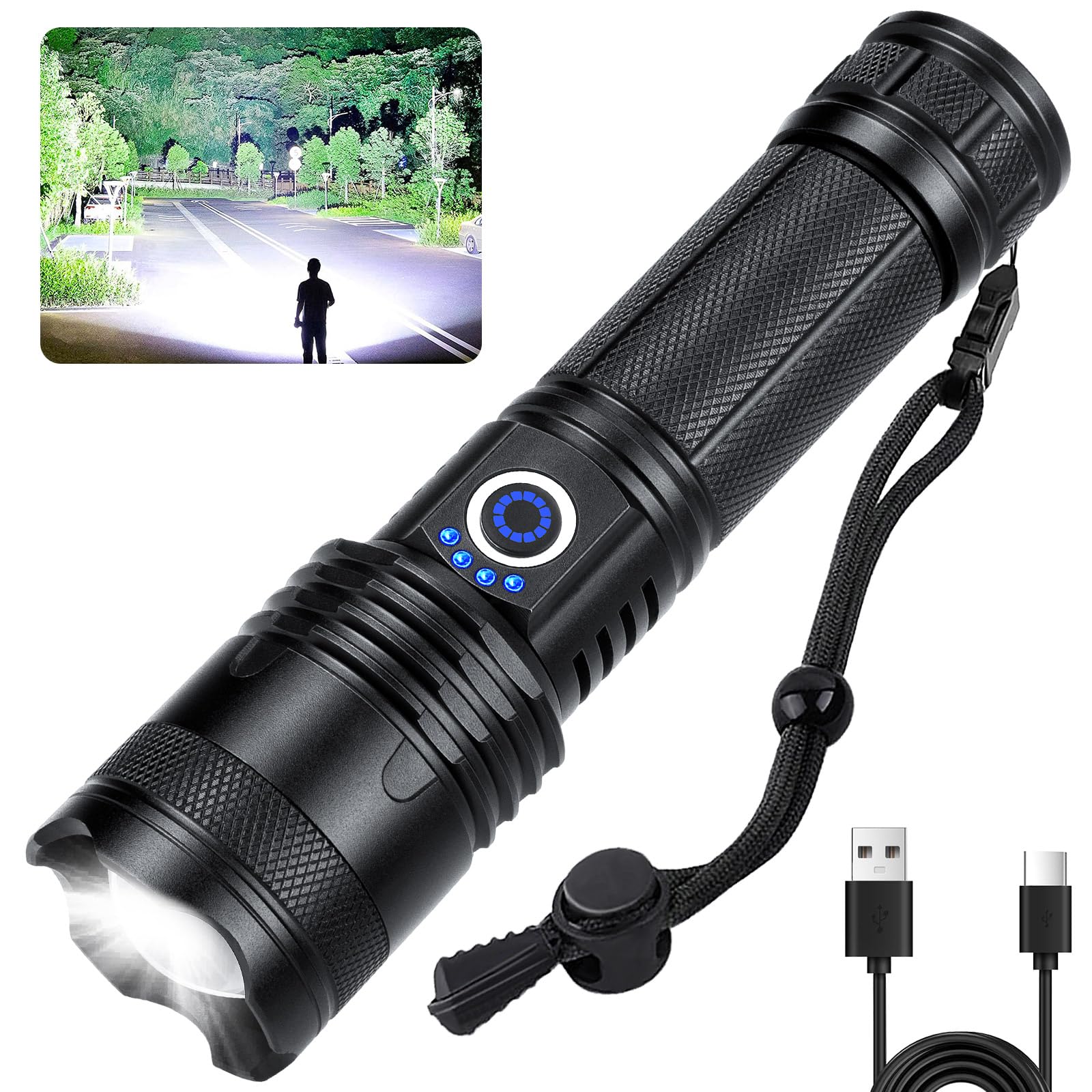 Cinlinso Flashlights High Lumens Rechargeable - 990000 Lumens Super Bright Led Flashlight With 5 Modes, Ipx7 Waterproof, Powerful Handheld Flash Light For Home, Camping Hiking (Glossy Black)