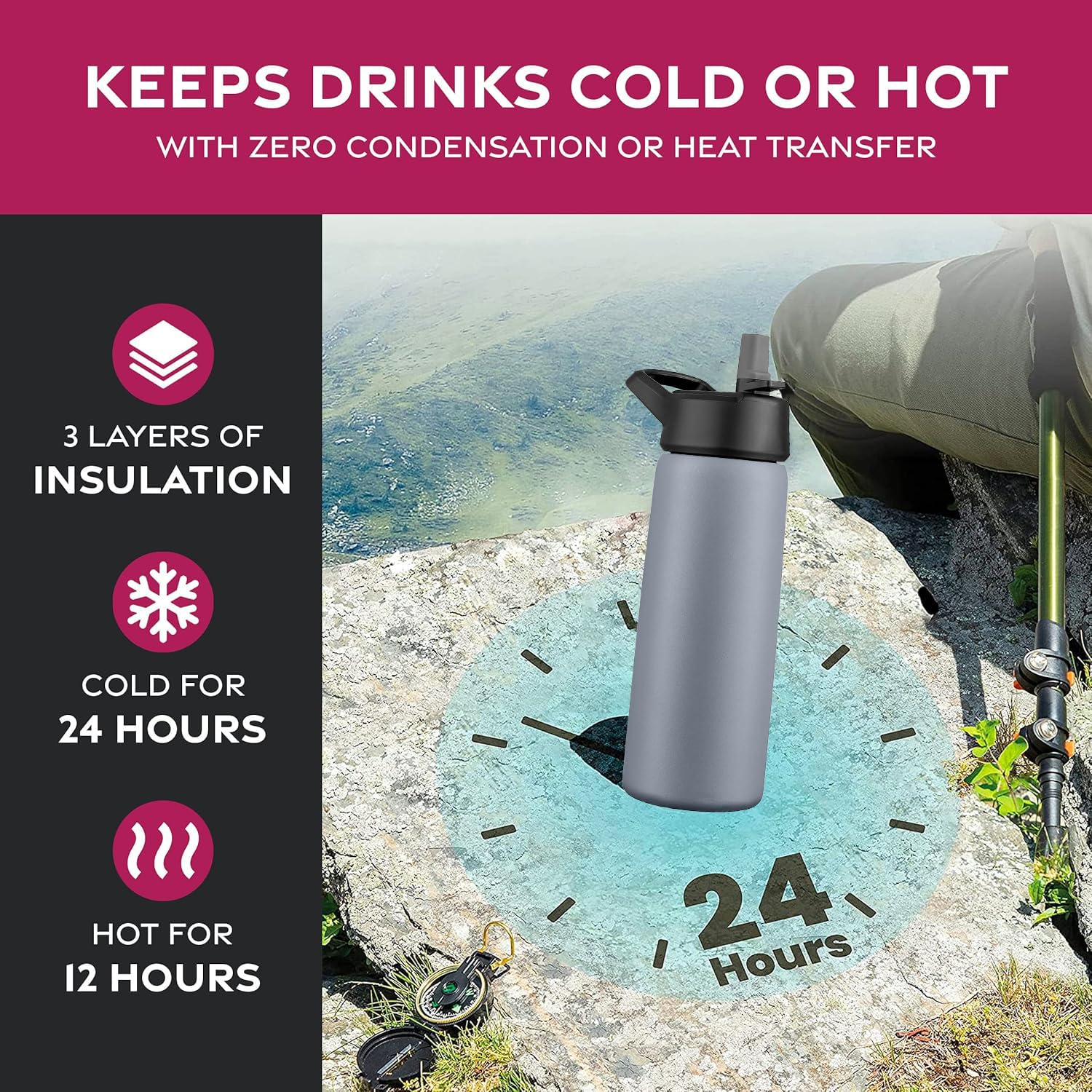 25 Oz Triple Walled, Insulated Water Bottles With Straw - Stainless Steel Metal Bottle W/ 3 Leak