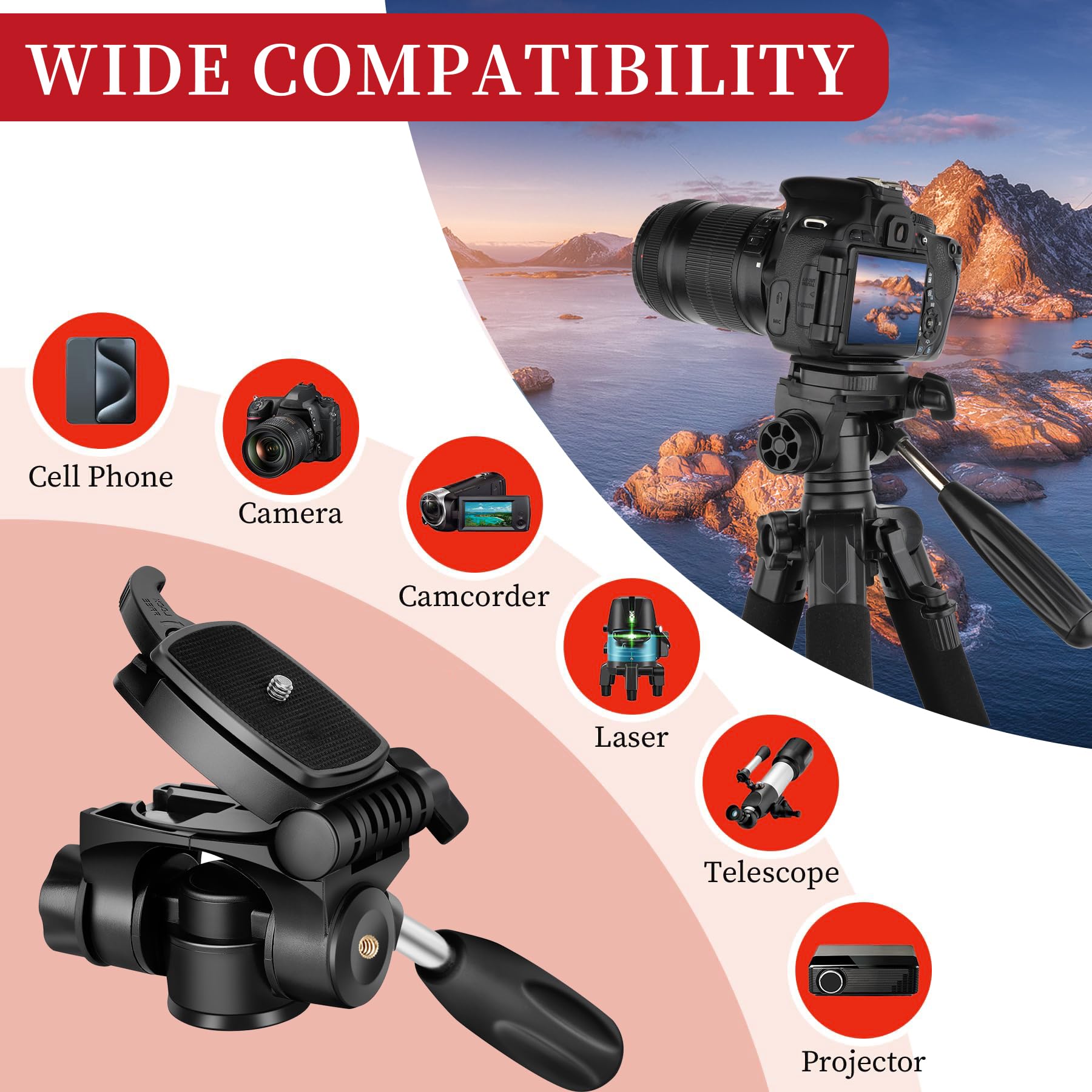 Senndio Red Luminum Professional Tripod With 360° Ball Head, 74 Inch Stand For Camera Slr, Travel Tripod Stand With Phone Holder For Camera