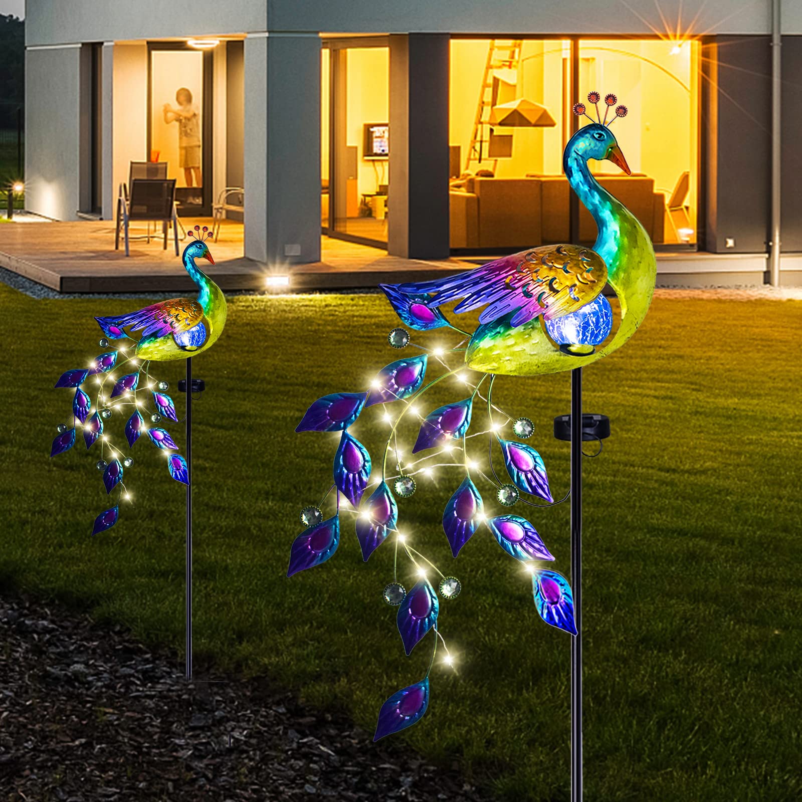 Dreamsoul Solar Garden Lights Outdoor, Metal Peacock Decor Solar Lights Garden Stakes With Led String Lights, Waterproof Crackle Glass Ball Landscape Path Light For Lawn Patio