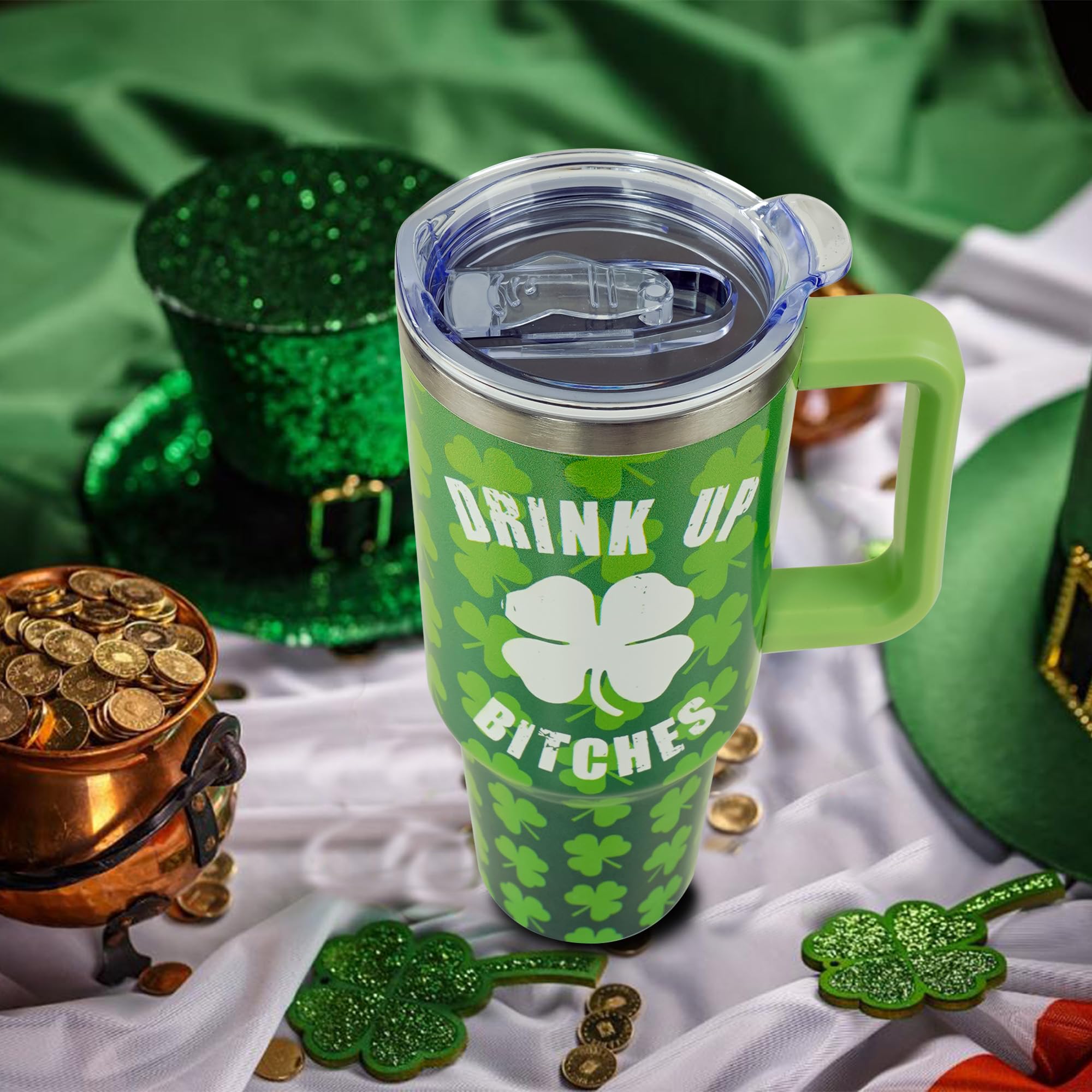 40Oz St Patricks Day Tumbler With Handle And Straw, Green Irish Shamrocks Stainless Steel