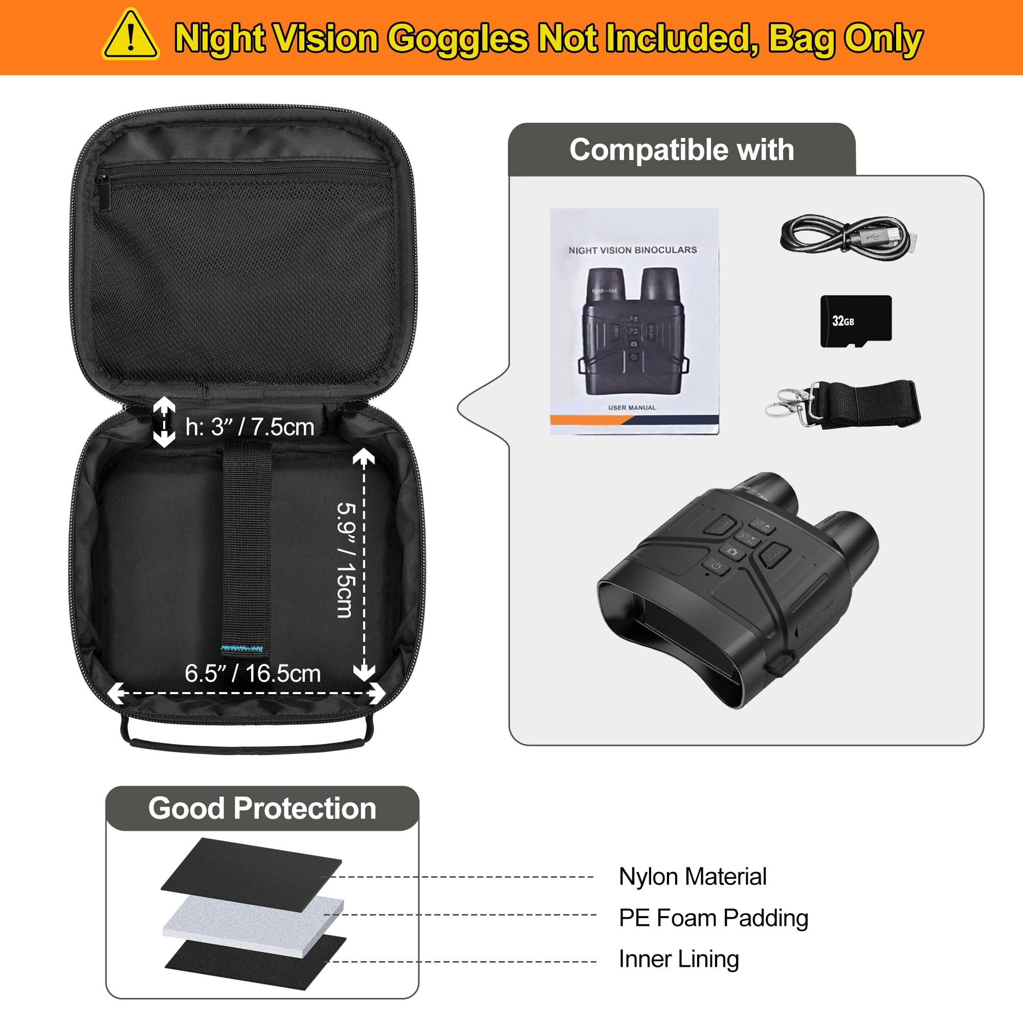 Curmio Carrying Case For Night Vision Goggles, Storage Bag Specifically Designed For UtilityNight Vision Binoculars, Sd Card And Data Cables, Black