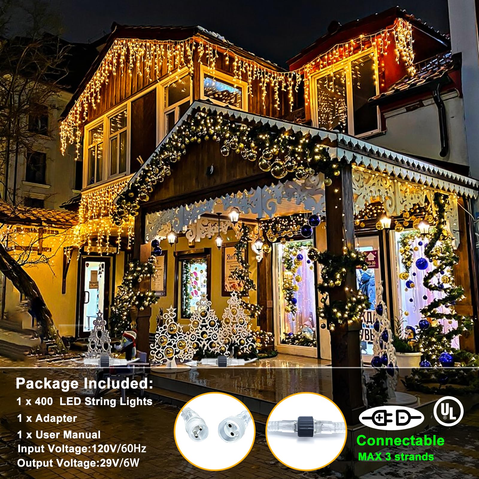 Einiiya 400 Led Christmas Lights Outdoor Waterproof, 33Ft Icicle Lights For Outside 8 Modes With 75 Drops, Plug In Icicle Christmas Light Outdoor For Holiday Wedding Christmas Decorations, Warm White