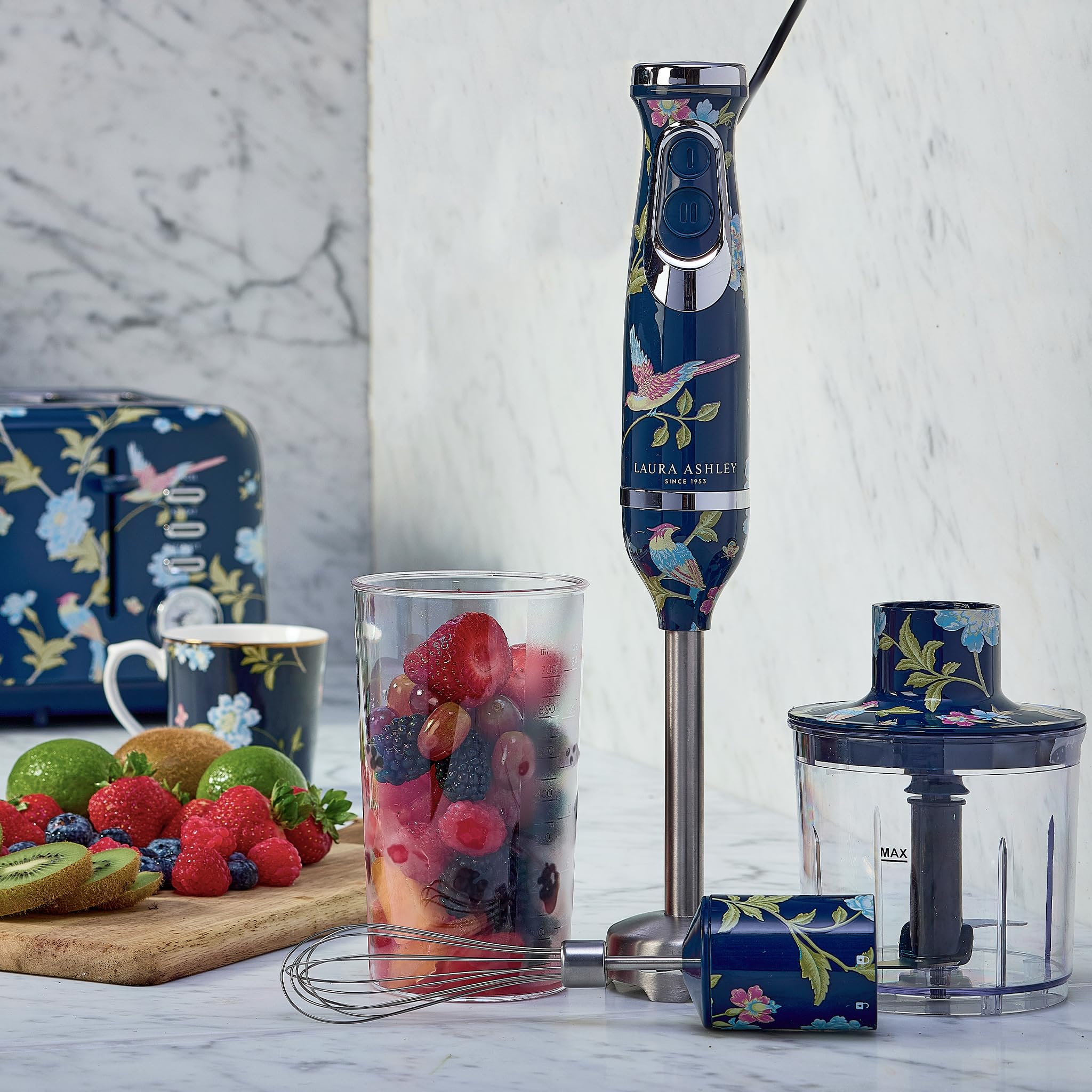 Laura Ashley 150W Immersion Blender Handheld 4 In 1 Electric Hand Blender For Kitchen With Durable Stainless Steel Blades, Whisk & 300Ml Mixing, Pouring Cup 2 Speed Modes Hand Held Stick Blender