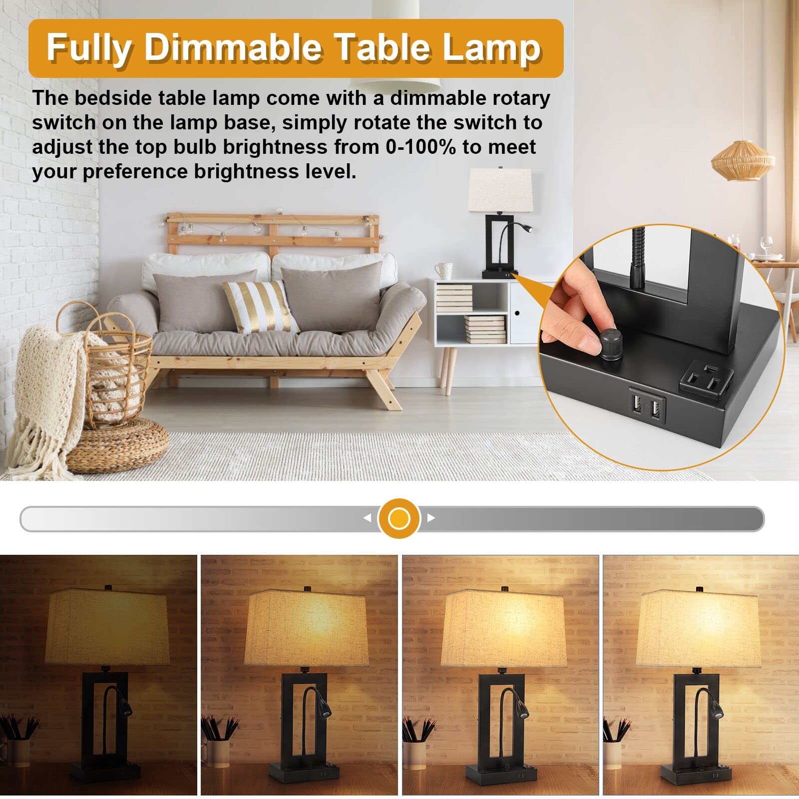 Trlife Table Lamp With Usb Charging Ports And Ac Outlet, Fully Dimmable Modern Nightstand Lamp With Fabric Lampshade For Reading Living Room Office, Attached A Led Gooseneck Spotlight(Bulb Included)