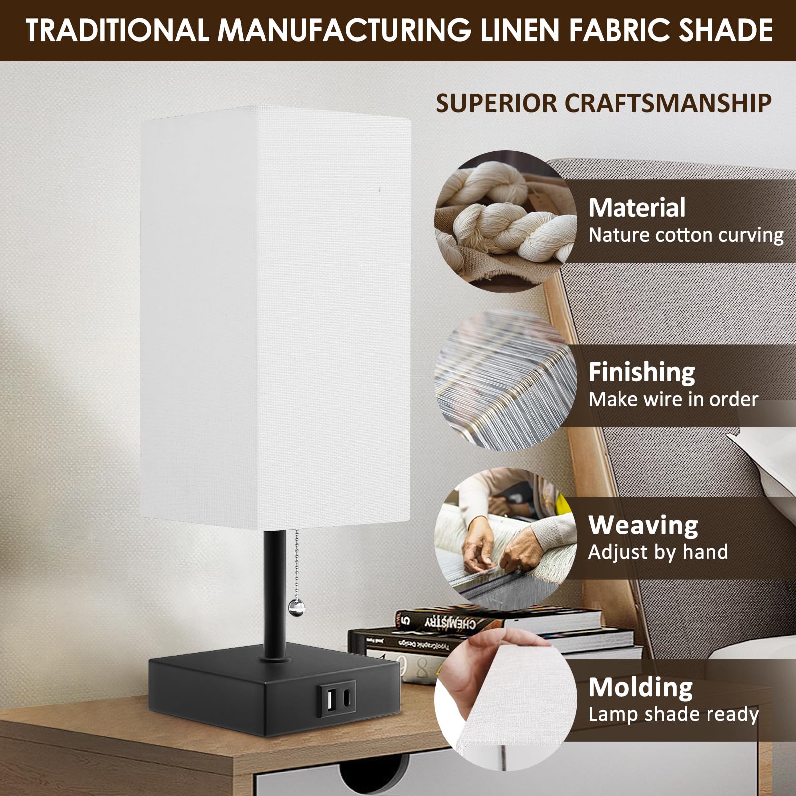 Pritsau Bedside Table Lamp, Pull Chain For Bedroom With Usb-C Usb-A Charging Ports, 2700K Led Bulb With Fabric Lampshade, Nightstand Lamp For Living Room Bedroom Office Study Room (White)
