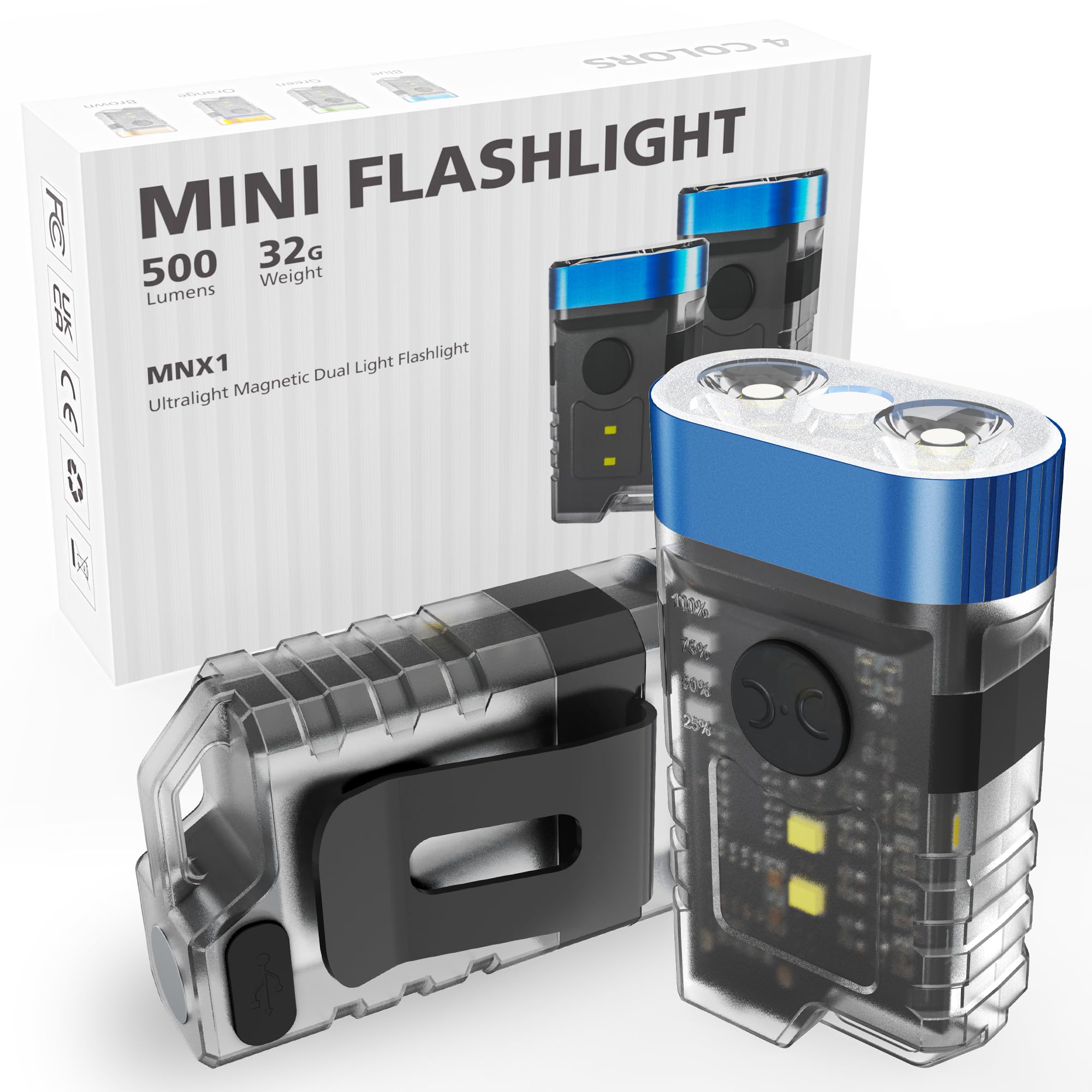 Coozaming Rechargeable Edc Clip Keychain Flashlight, Pocket Small Mini Flashlights 500 Lumens, 10 Modes 2 Illumination Angles, Usb C Charging Magnetic For Home, Emergency, Night Working, 2 Pack, Blue