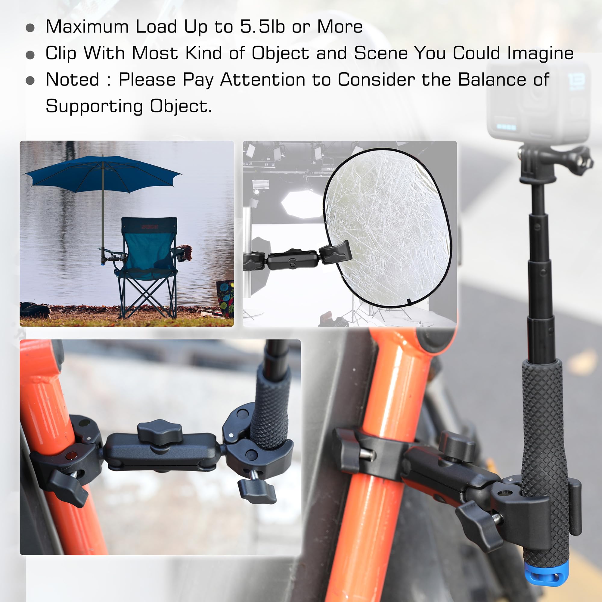 Gepuly Super Clamp Double Camera Clamp, 20-50Mm Aluminum Magic Arm Dual Ball Head Heavy Duty For Handlebar/Tripod/Photo Studio Light Stand/Umbrella Chair/Pole/Cross Bars/Motorcycle/Bike/Tabletop