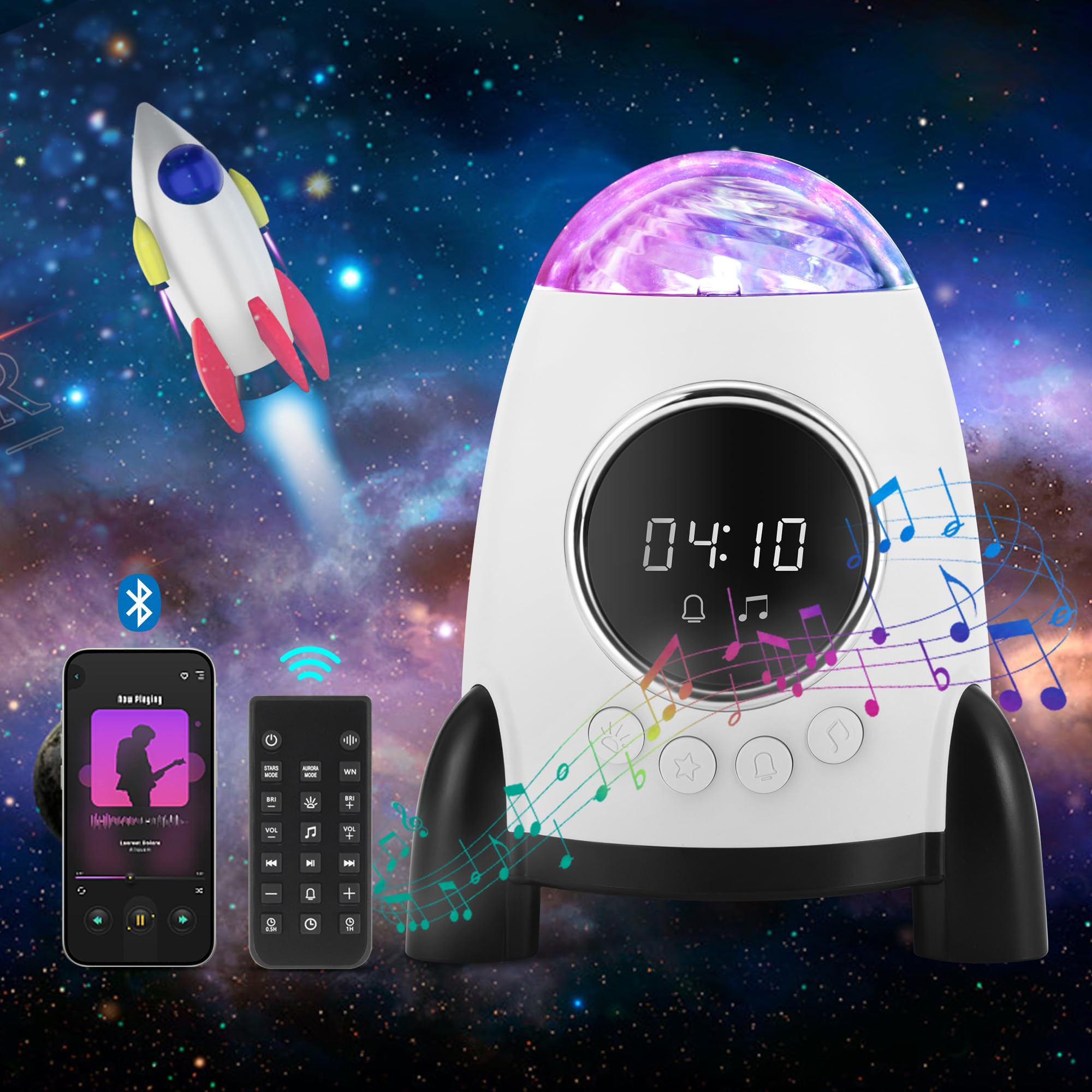 Konchile Star Projector With Alarm Clock, Rocket Galaxy For Bedroom, Bluetooth Speaker And White Noise Aurora