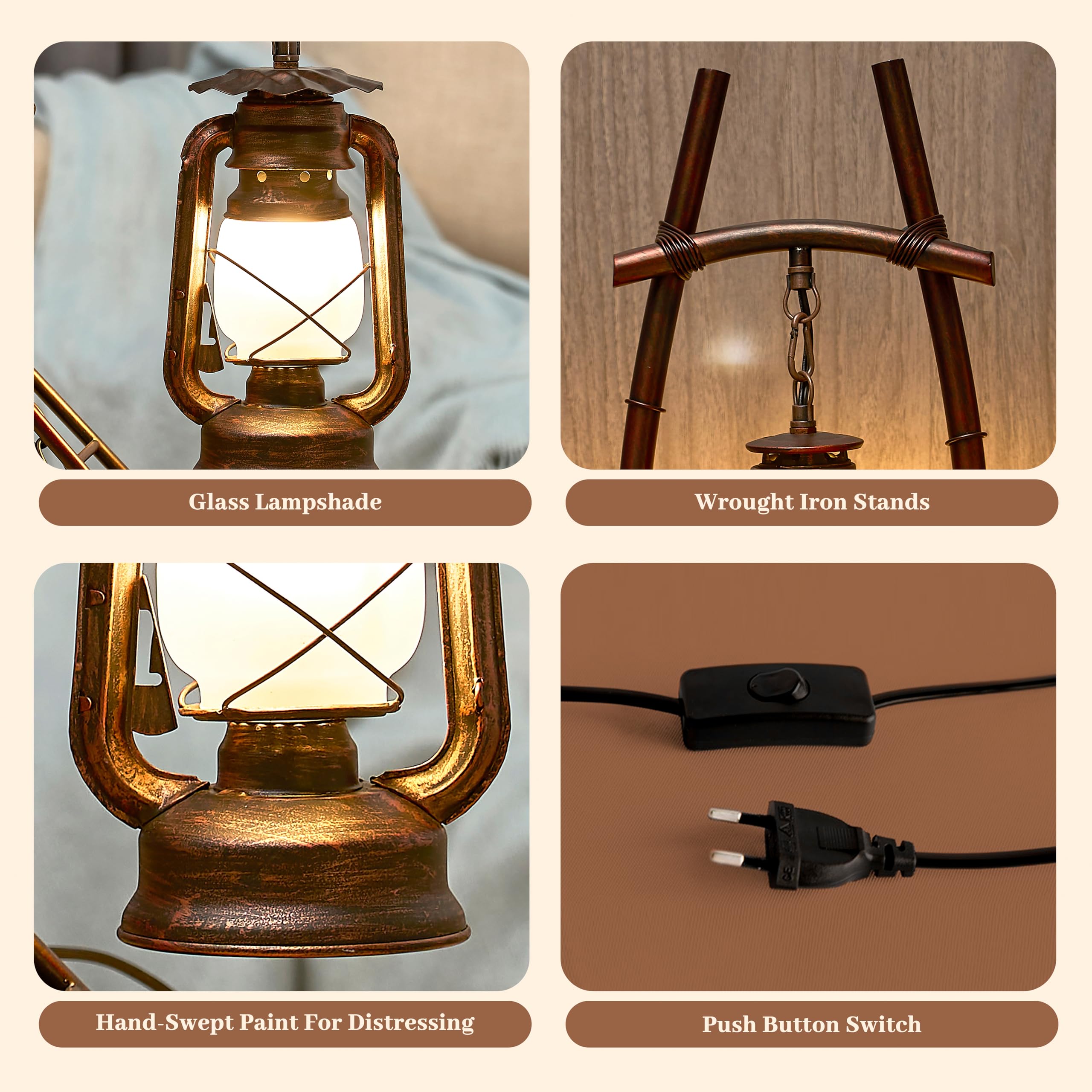 Braveamor Farmhouse Table Lamps Rustic Desk Vintage Lantern Table Lamp Antique Finish Bedside Nightlight Lamp For Bedroom, Office,Living Room (Red Brown Elen Shade, 21×10Inch)