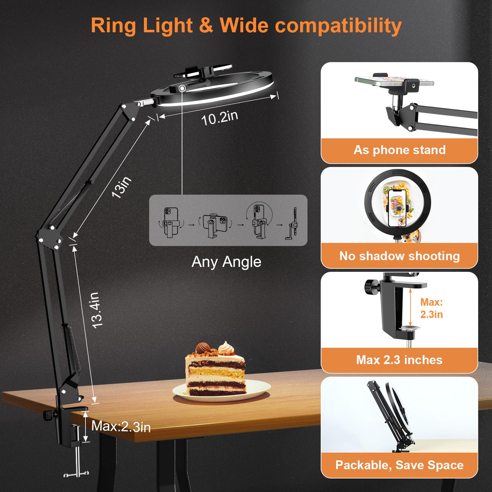 Evershop Ring Light Overhead Camera Phone Mount For Desk, 10” Selfie Light With Stand Tripod For Iphone, Light With Phone Holder For Video Recording,Zoom Meeting,Live Streaming Tiktok,Youtube