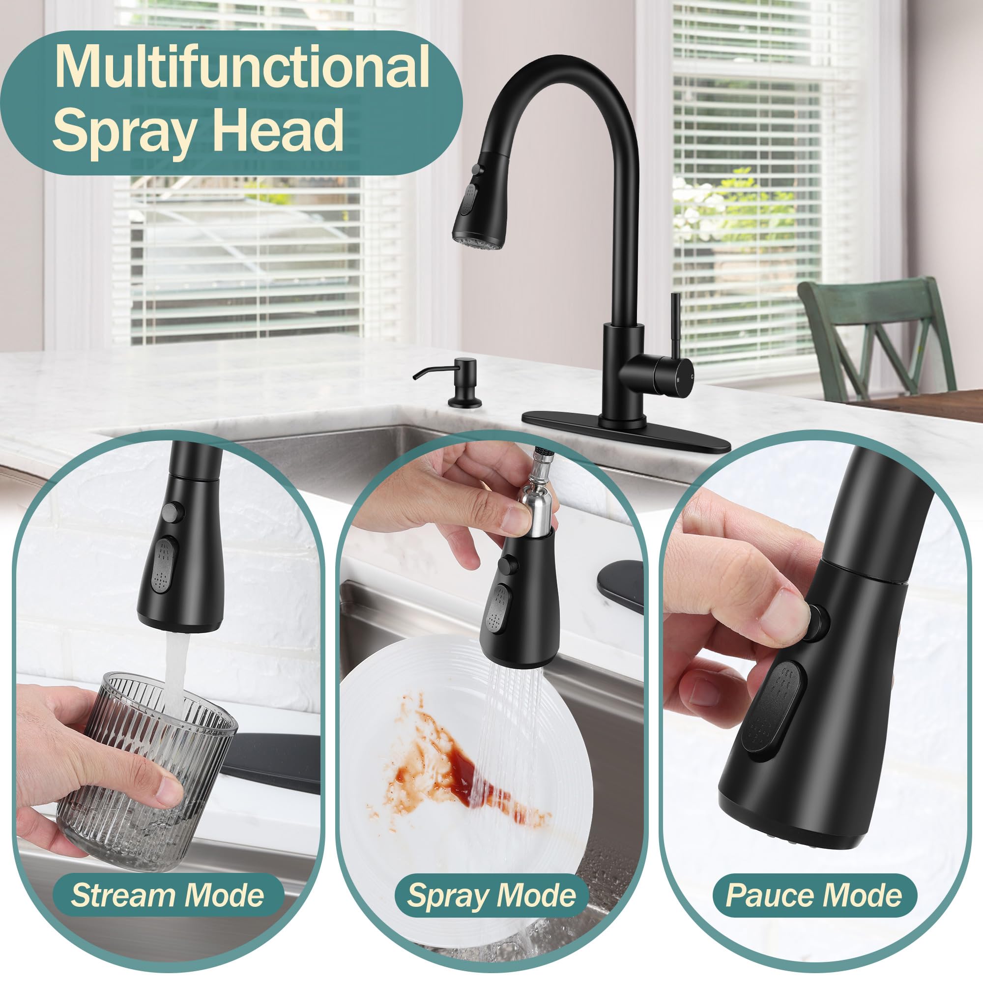 Homikit Matte Black Kitchen Sink Faucet, High Arc Stainless Steel Single Handle Kitchen Faucets With Soap Dispenser For Farmhouse Utility Camper Laundry Rv, Pull Down Sprayer & Deck Plate