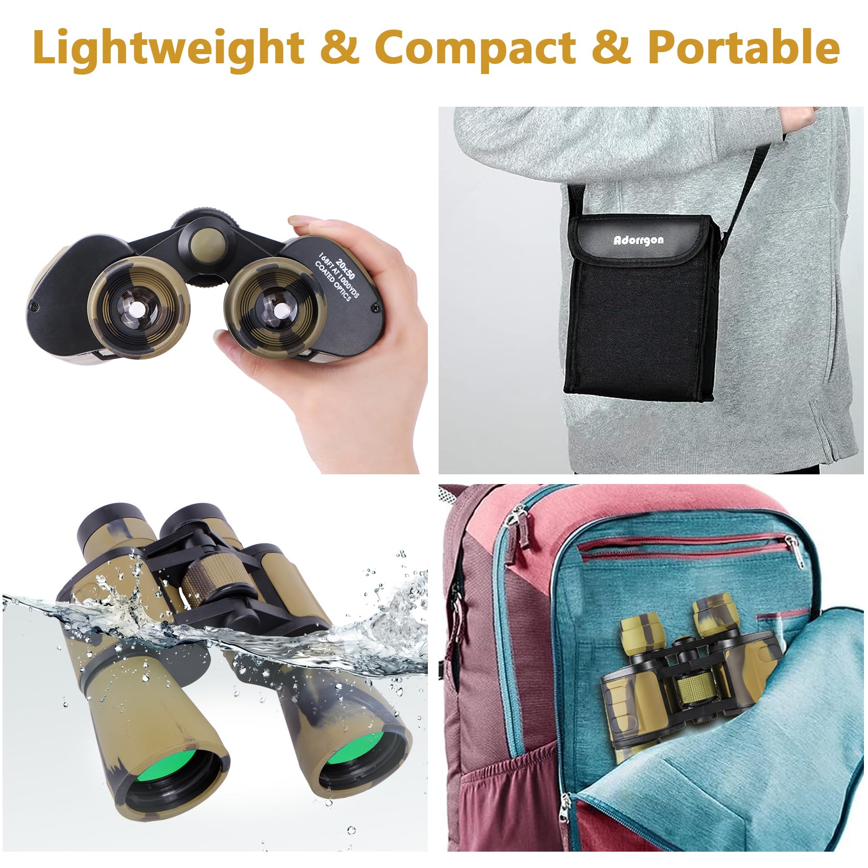 Hanklenss Binoculars 20X50 - Professional High Magnification Hd Compact Binoculars For Bird Watching, Hunting, And Outdoor Activities - Low Light Night Vision, Bak-4 Prism - Portable, Durable, Easy (Desert)
