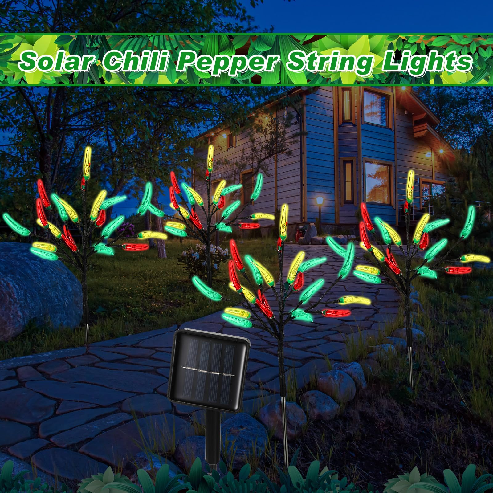 Rossesay 4 Pack Solar Chili Pepper Lights Cinco De Mayo Party Decorations 80 Led Red Green And Yellow Solar Stake Landscape Lights For Outdoor Garden Yard Pathway Summer Party Decor