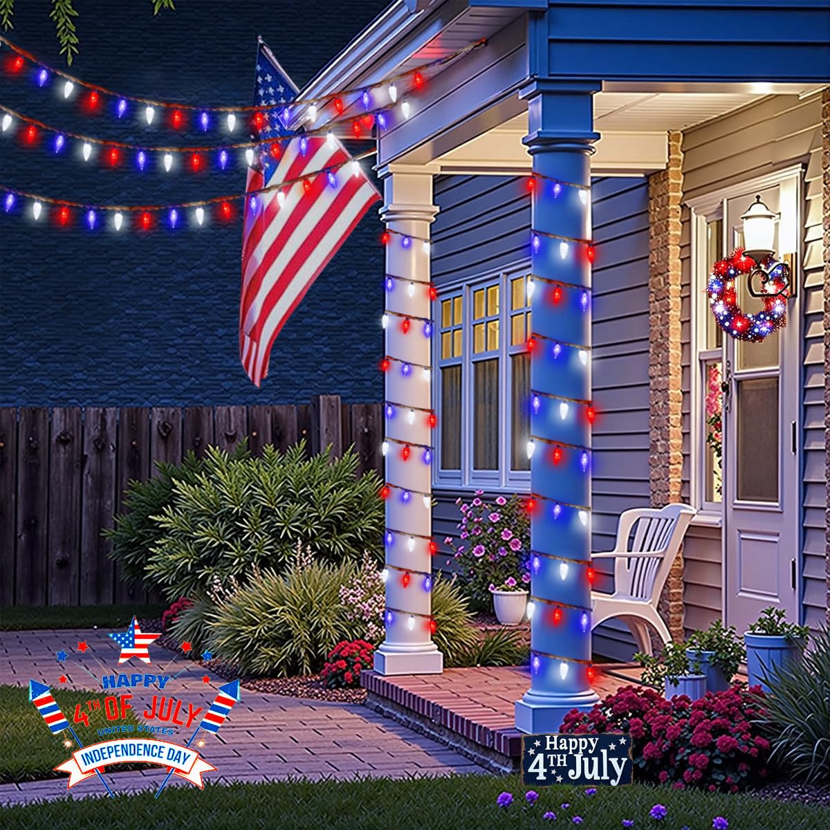 Smatols Solar July 4Th Day String Lights, 50 Led 8 Modes C6 Red White And Blue String Lights Waterproof Rechargeable Outdoor Garden Fairy Lights For Independence Day Party Patio Decorations