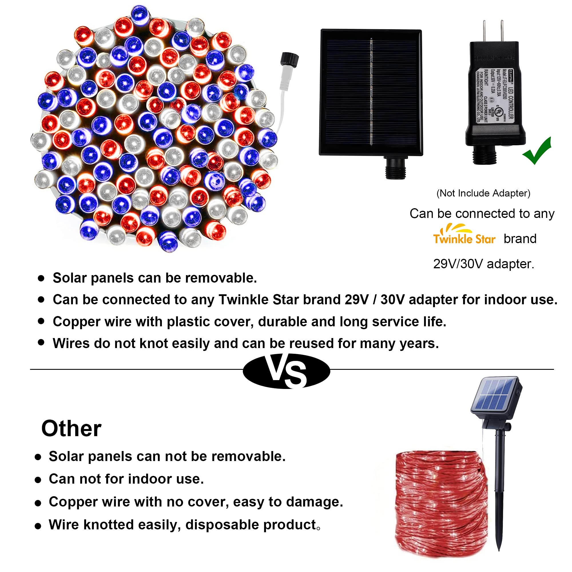 Twinkle Star Solar String Lights, 98Ft 300 Led 8 Modes Solar Powered July 4Th Patriotic White Wire Light Waterproof, Outdoor Indoor For Independence Day Garden Patio Yard Holiday Party, Red/Blue/White