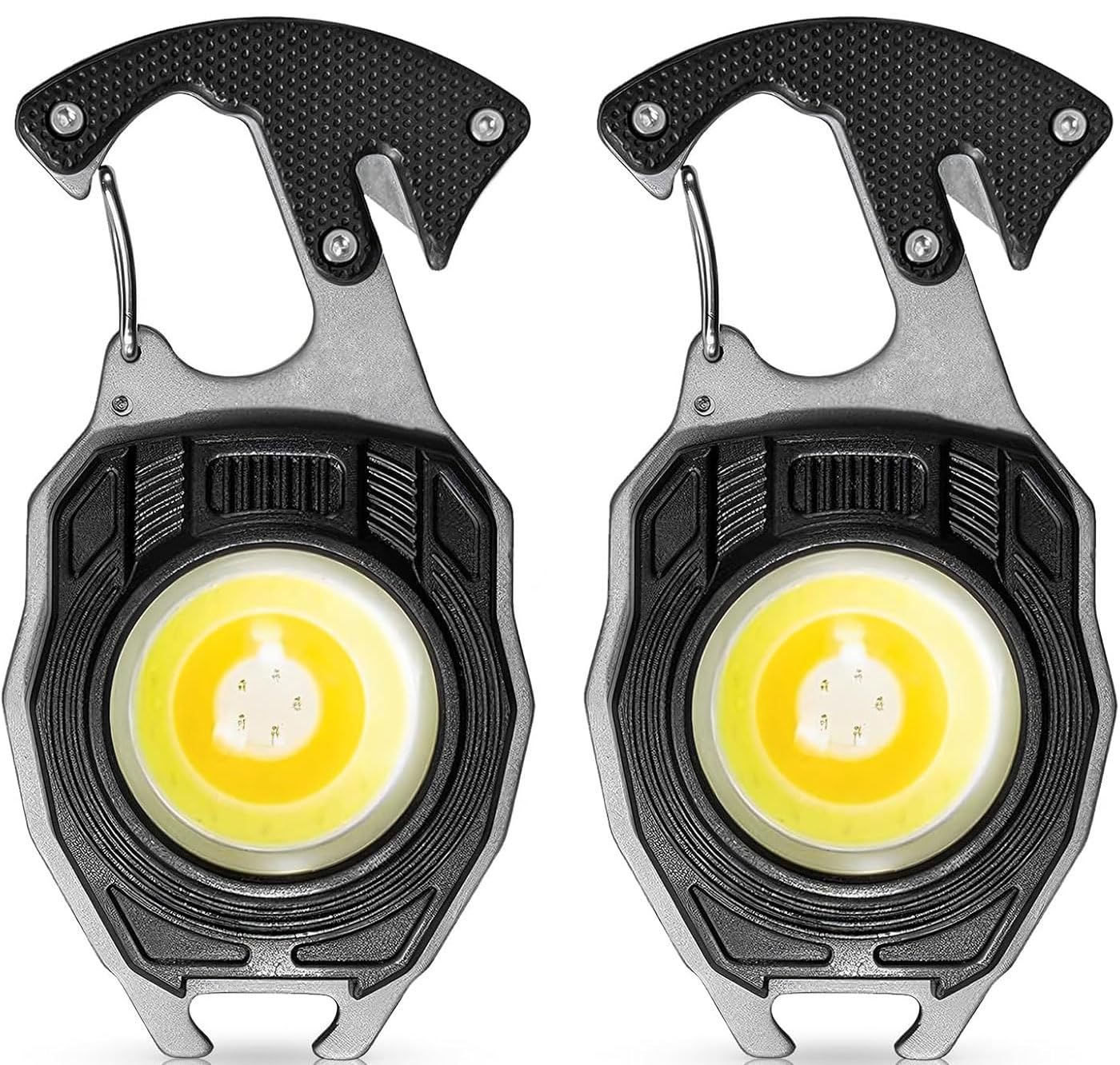 By-J 2-Pack Led Small Flashlight Multitool, Rechargeable Keychain Light, Cob Multi-Function Mini Work Light, 500 Lumens 7 Lighting Modes With Lighter, Seat Belt Cutter, Screwdriver, Whistle, Black