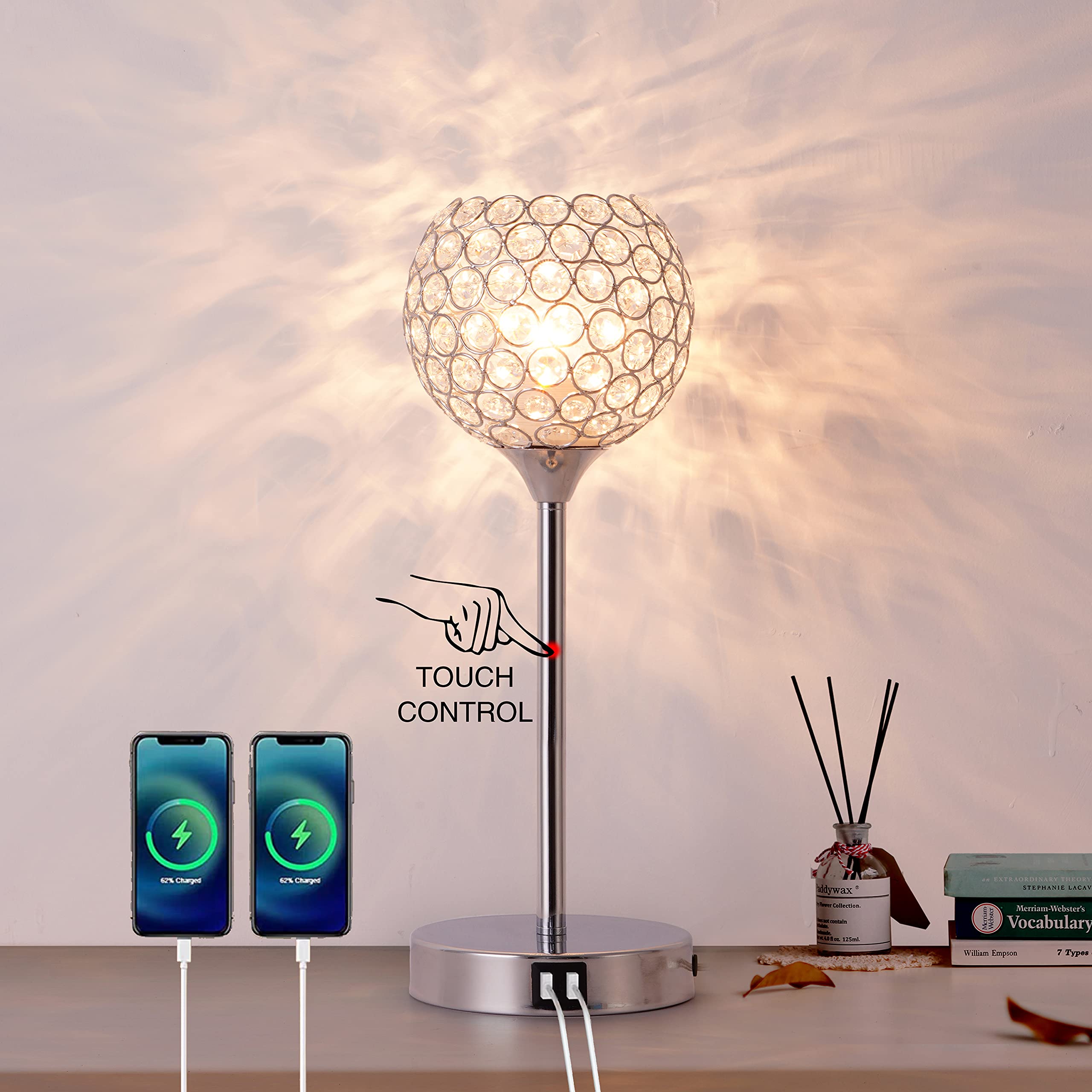 Defloorlight Crystal Touch Control Table Lamp, 3-Way Dimmable Modern Bedside Lamp With 2 Usb Charging Port Nightstand Desk Lamp With Elegant Lamp Shade For Bedroom, Living Room Hotel, Reading, Bulbs Included