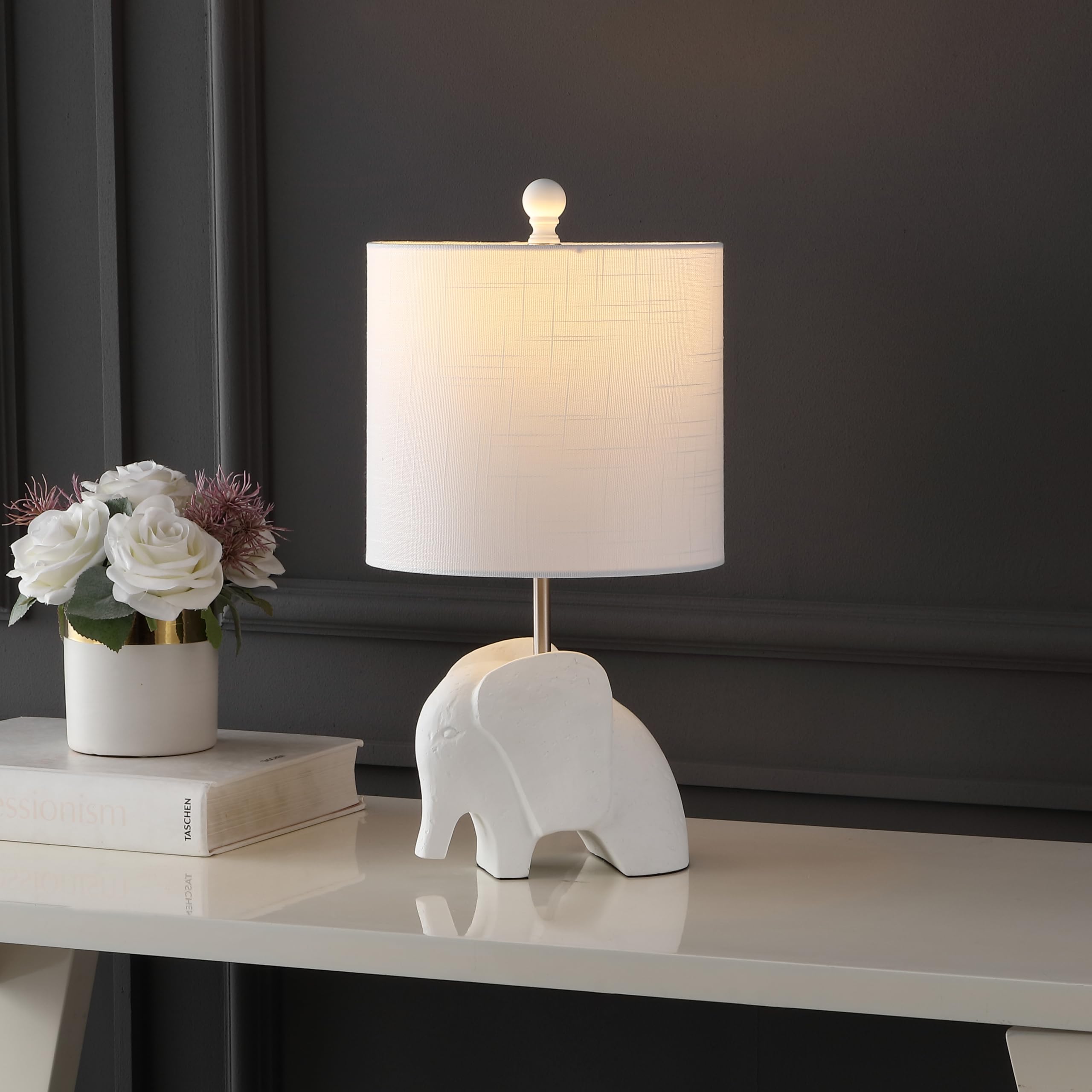 Jonathan Y Jyl1143D Koda 17.5" Eclectic Southwestern Resin/Iron Elephant Led Kids Table Lamp Global, Transitional, Rustic, Office, Living Room, Dining Room, Bedroom, Hallway, Foyer, White