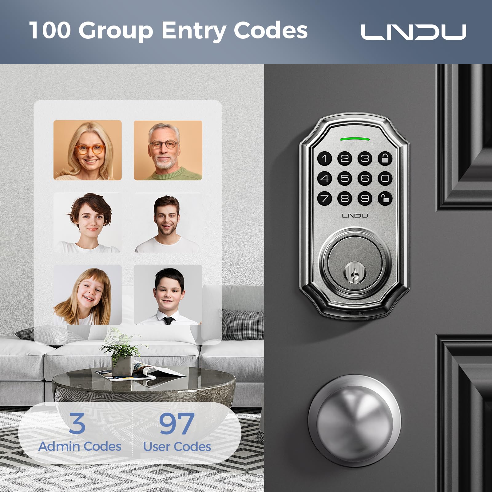 Lndu Keyless Entry Door Lock Deadbolt With Handle Set: 100 Code Front Door Lock Set, Keypad Door Lock With Handle, Electronic Keypad Deadbolt With 2 Knob, One Touch Lock, Auto Lock Easy To Install