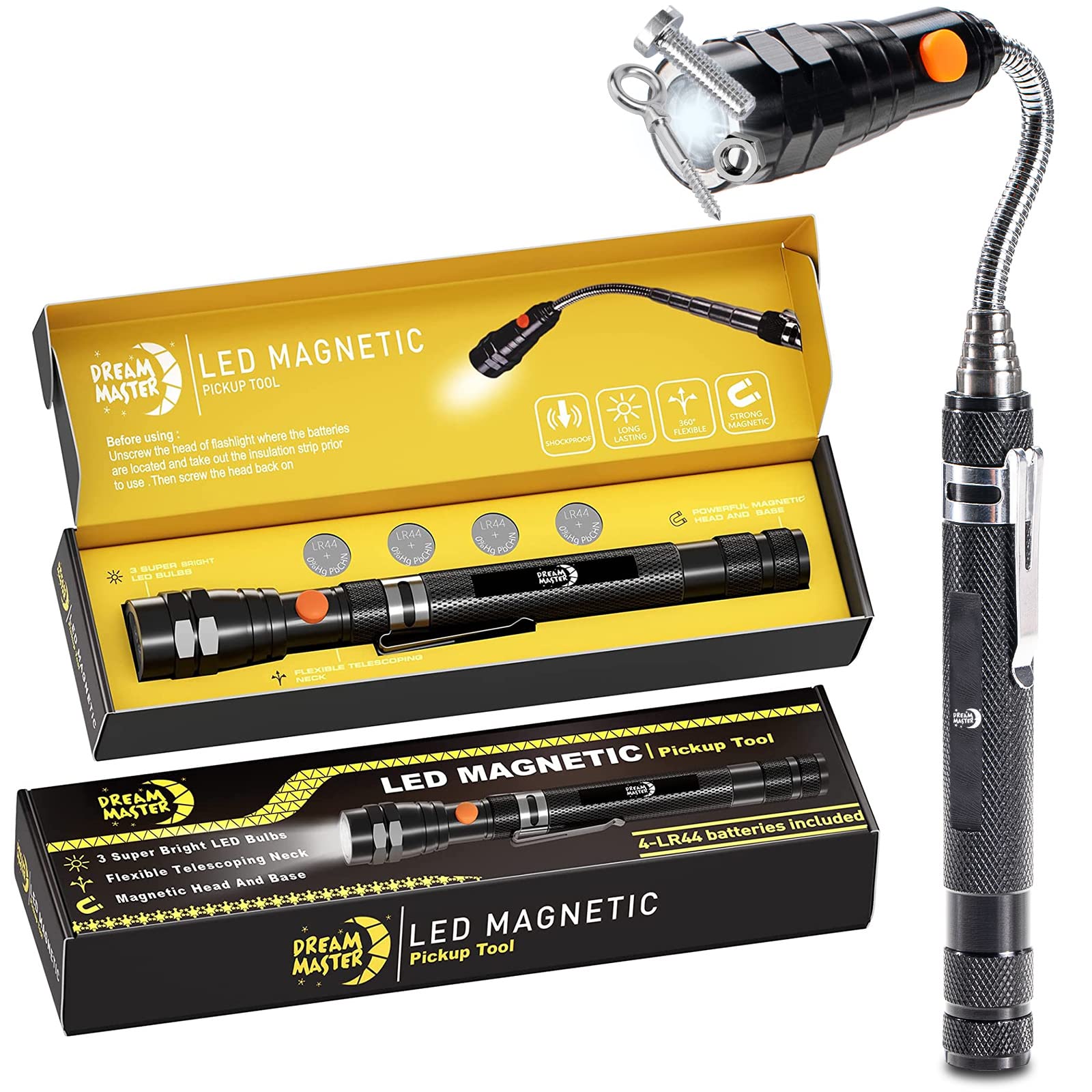 Dream Master Magnetic Pickup Tool With 3 Led Lights, Telescoping Magnet Flashlight,  Idea &  For Men, Him,Mechanic,Tech, Handyman, Boyfriend, Fathers Day Dad  For Dad, Husband, Father, Black