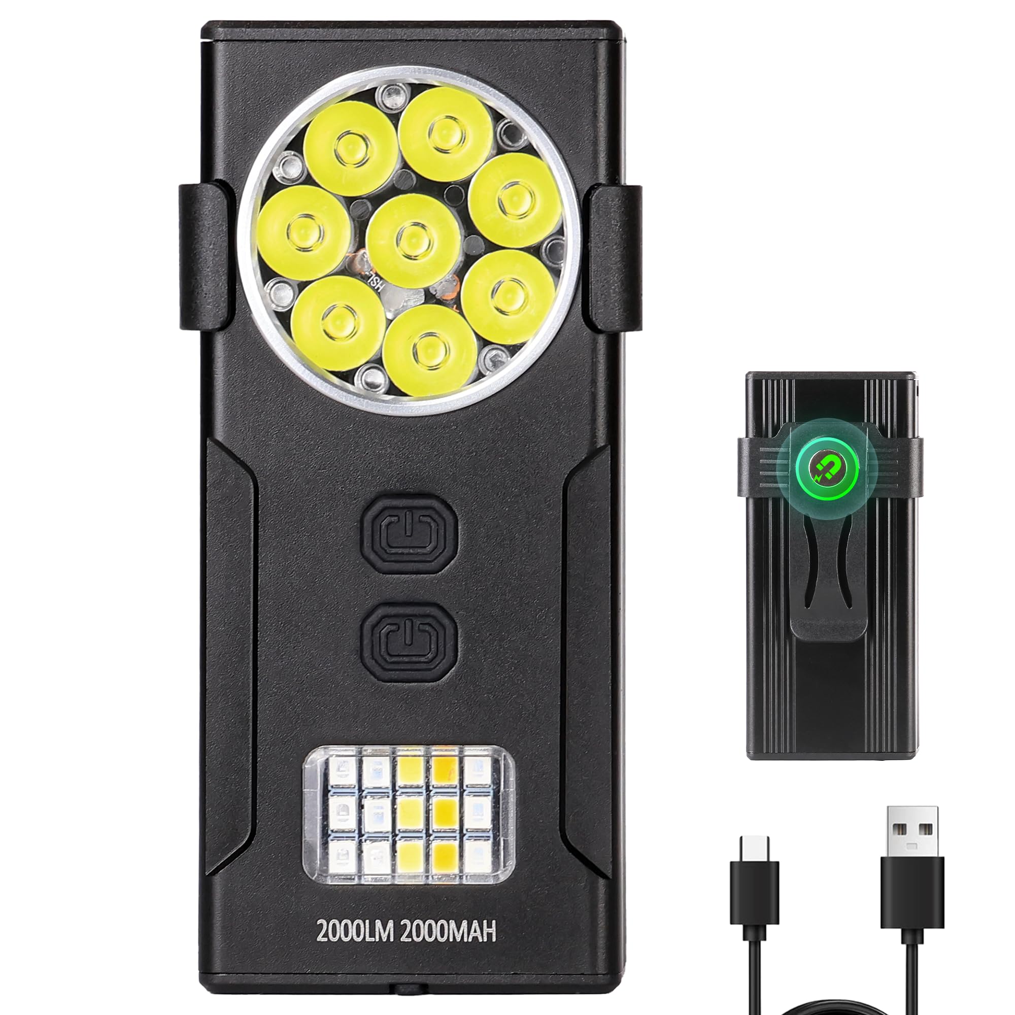Weneasker Rechargeable Led Work Light, 2000 Lm Magnetic Flashlight, Dual Light Sources Pocket Flashlight With Clip, Portable Flat For Working, Camping, Repairing, Emergencies