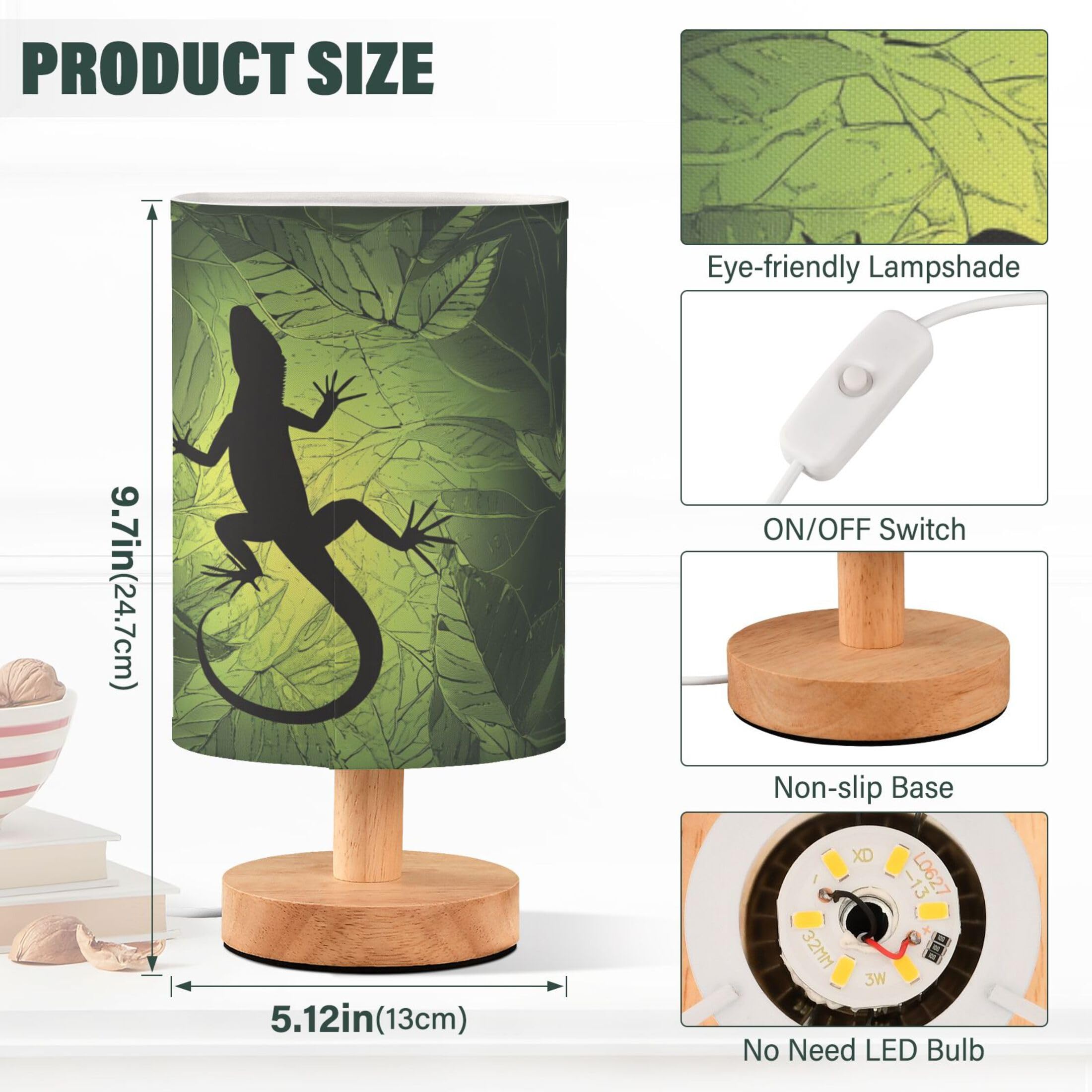Yyzzh Table Lamp Chameleon Lizard Gecko Shape On Green Leaf Nightstand Lamp With Wood Base Fabric Lamp Shade Bedside Desk Lamp For Living Room Bedroom Kids Room Office