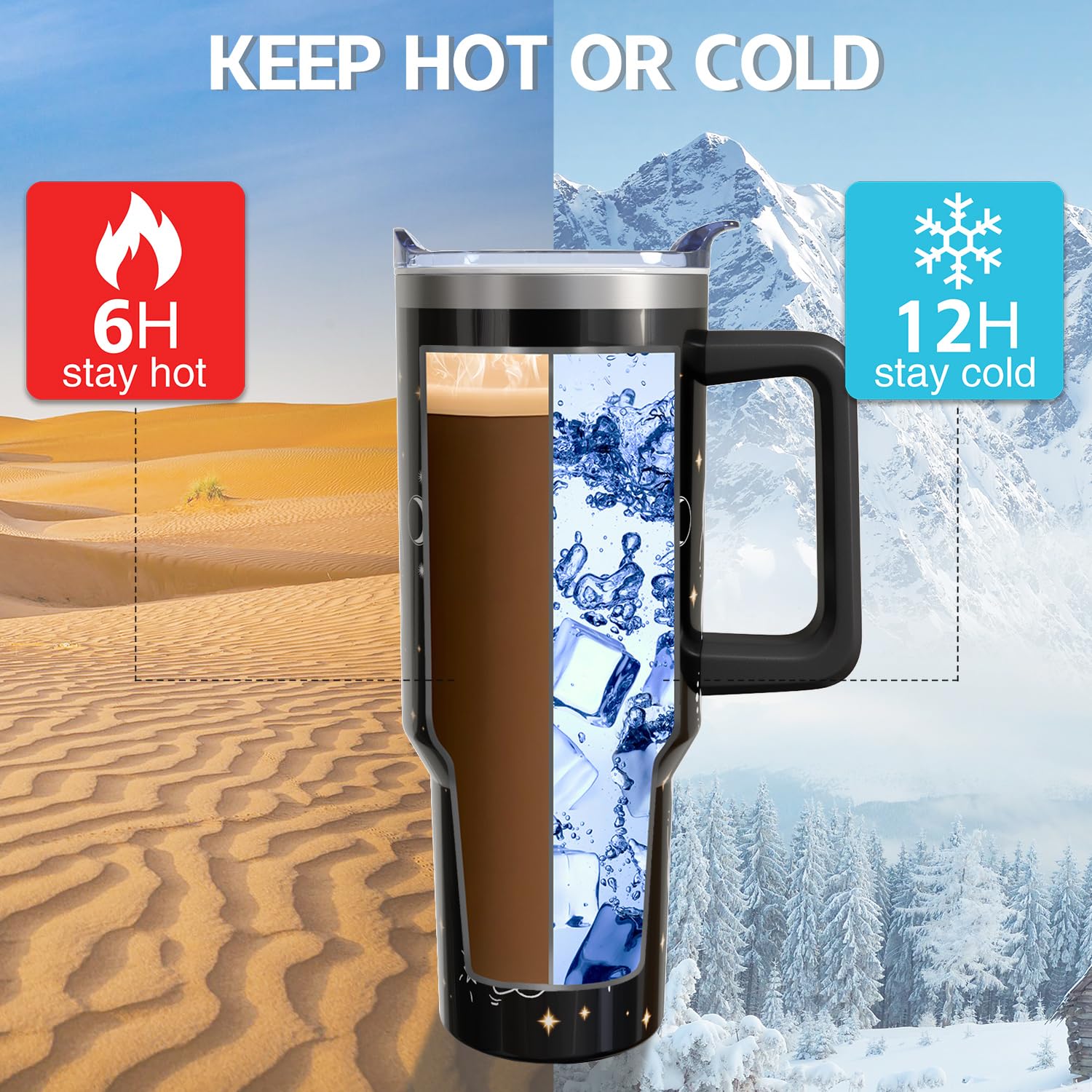40 Oz Sun And Moon Tumbler With Handle And Straw,Stainless Steel Cup Extra Large Vacuum