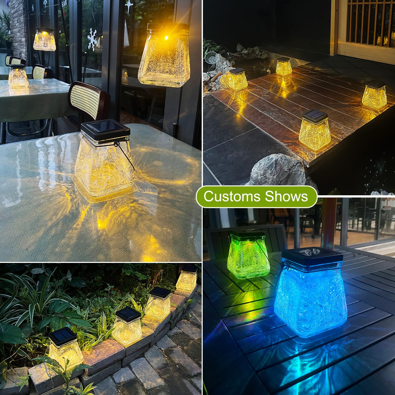 Megfiehun Solar Lantern Outdoor Waterproof,Hanging Solar Rgb Lights For Outside,Crackle Glass Outdoor Lantern Table Lamps For Garden Decor Patio Yard Lawn Pathway