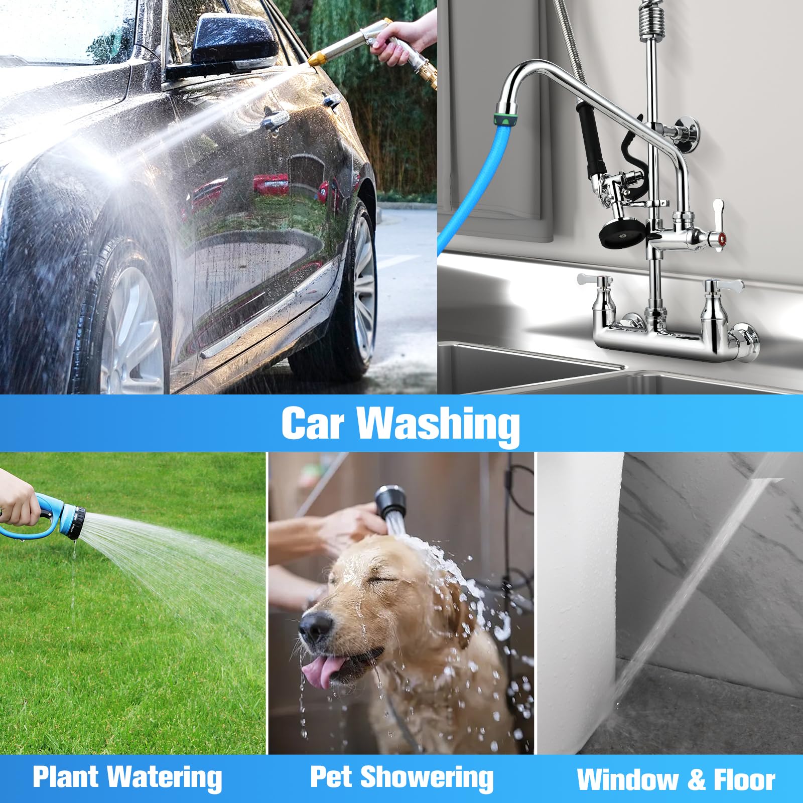 Aplwy Commercial Sink Faucet With Sprayer 36" Height 8" Adjustable Center, Commercial Wall Mount Kitchen Sink Faucet With Pre-Rinse Sprayer And 12" Swing Spout For Restaurant Industrial