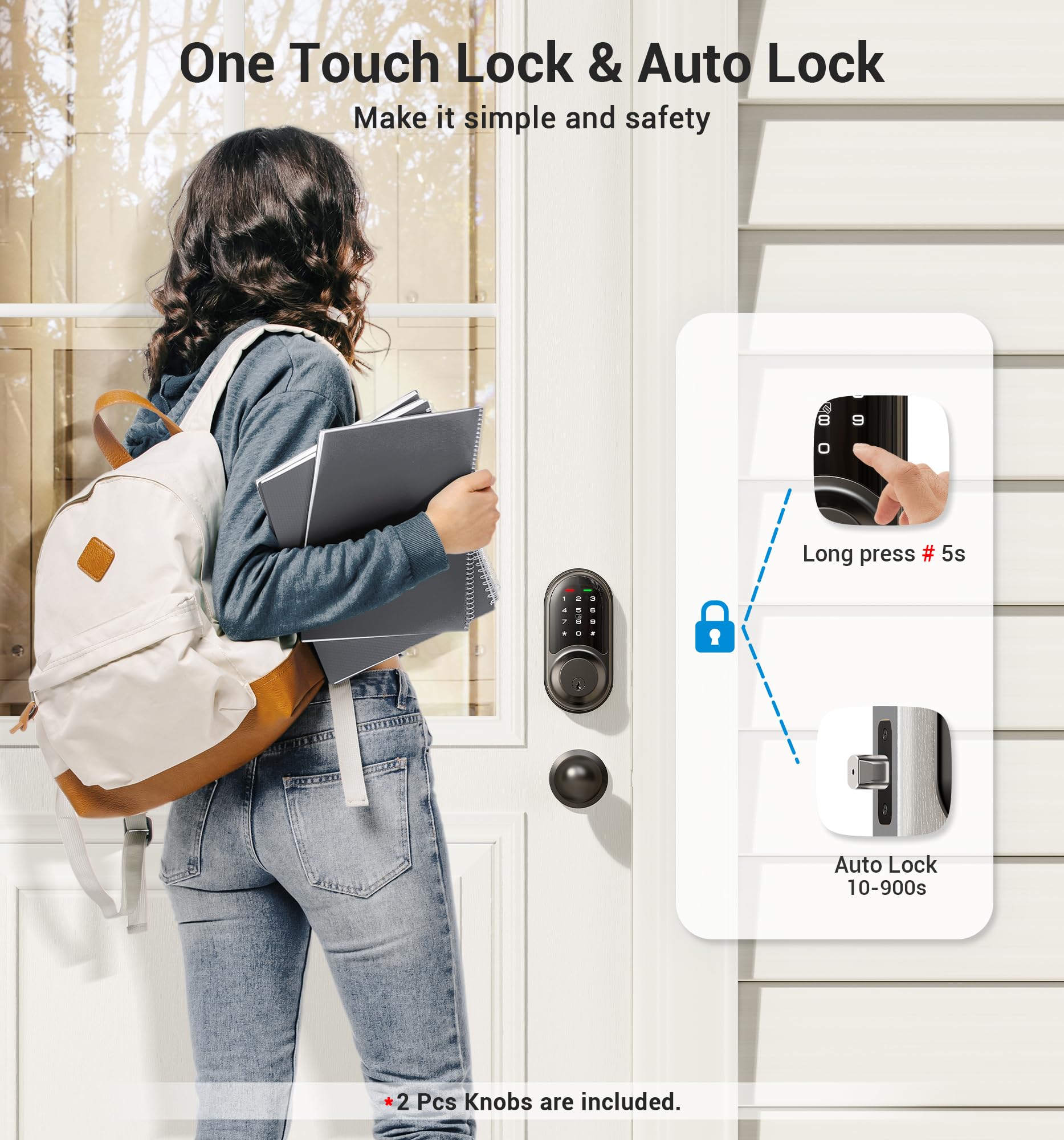 Veise Rz06C Smart Locks For Front Door, 2 Knob Handle Set, Keyless Entry Deadbolt, App Control, Electronic Touchscreen Digital Keypad, Auto Lock, Easy Installation, Ip54 Waterproof, Matte Black
