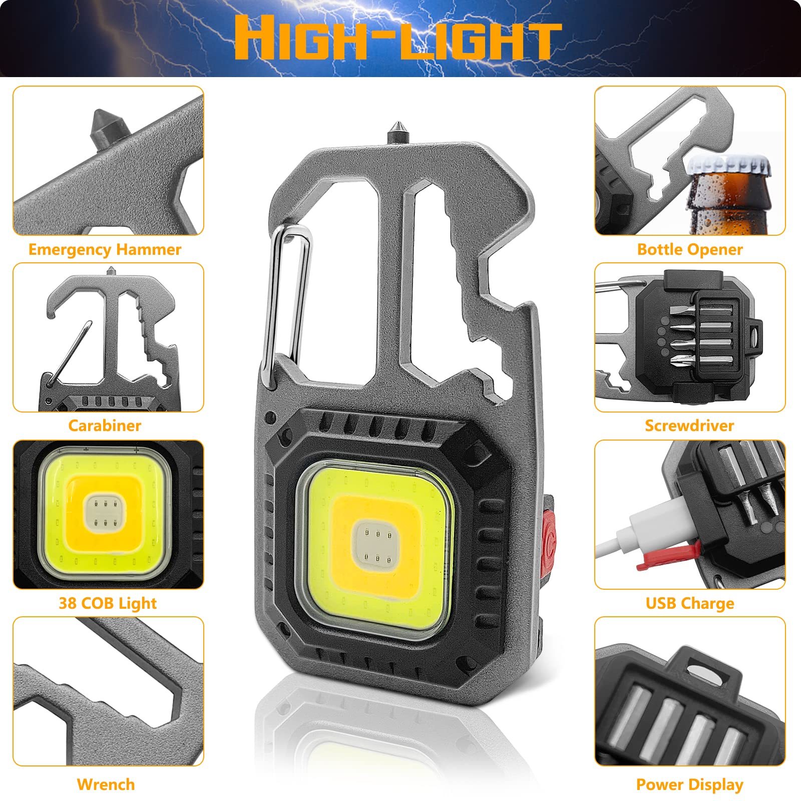 Jinhill 2Pcs Cob Small Flashlights, Rechargeable Keychain Mini Flashlight 4 Modes Portable Pocket Magnetic Light With Bottle Opener Hook Window Breaker Wrench Screwdriver Function For Fishing Camping Walking
