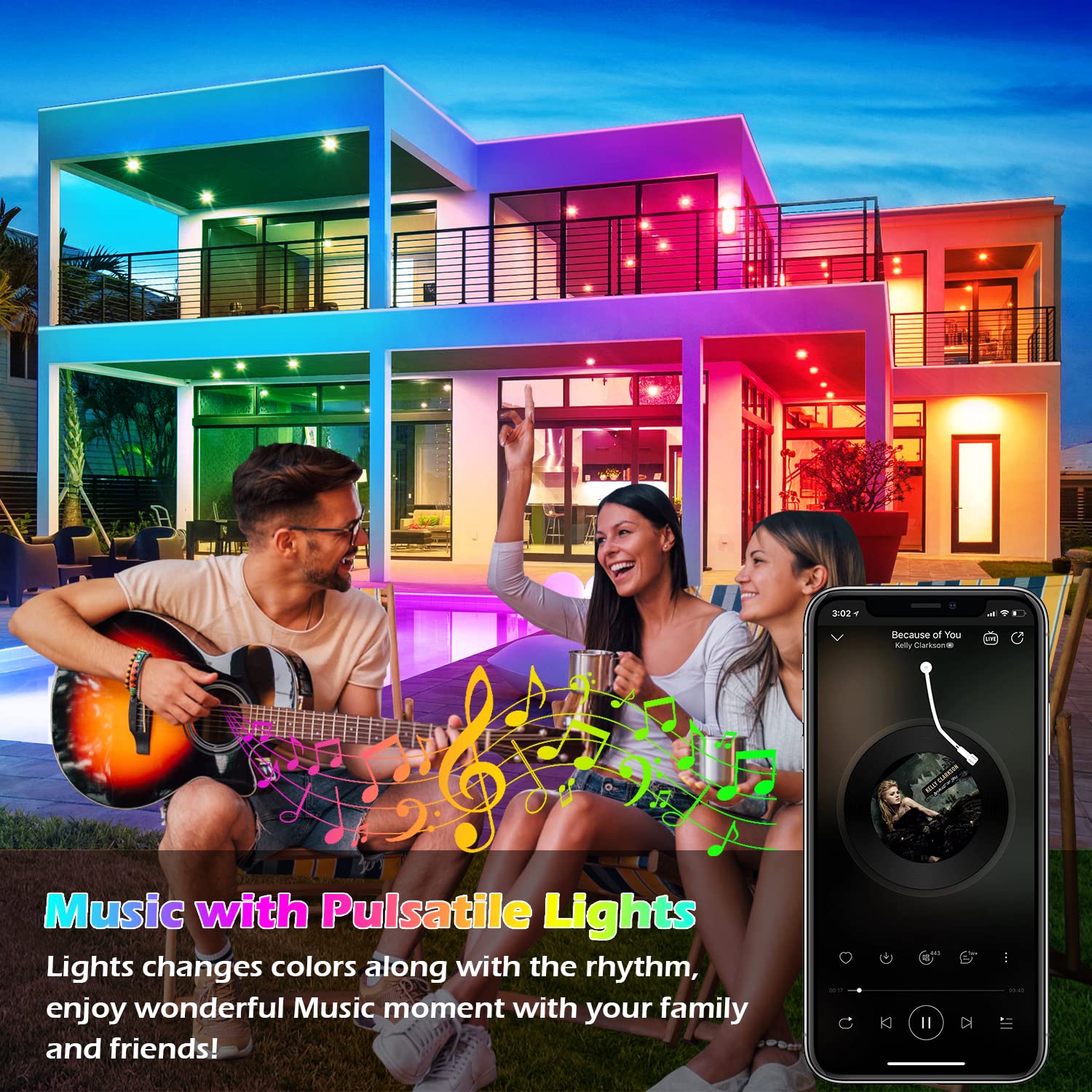 Aulimhti 100Ft Outdoor Led Strip Lights Waterproof,Music Sync Rgb Ip65 Outside Led Light Strips Waterproof With App And Remote,Exterior Led Rope Lights Waterproof For Deck,Balcony,Roof,Garden,Pool
