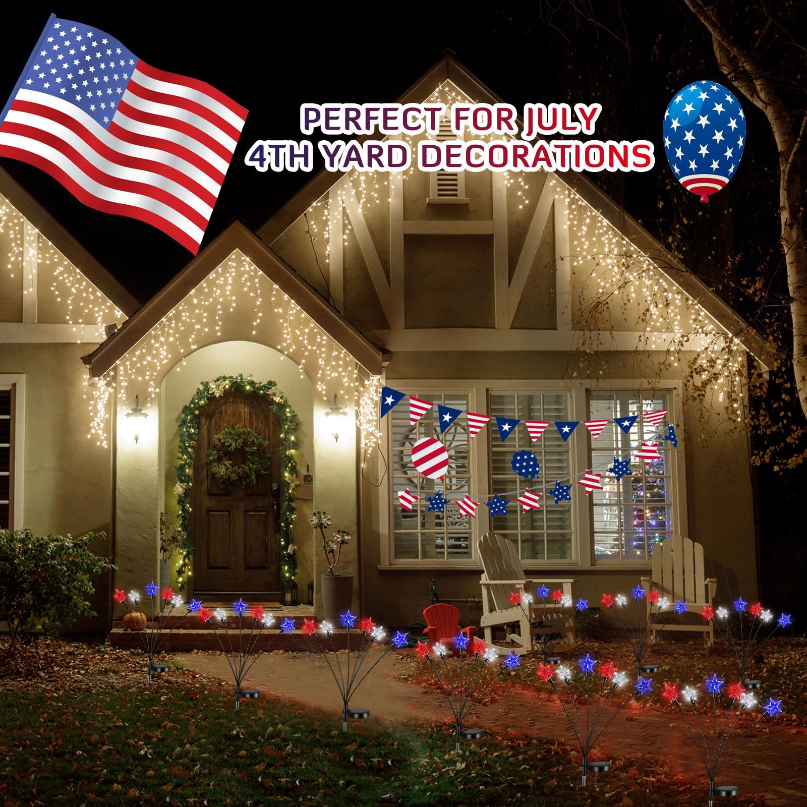 Tujoe 4 Pack Solar 4Th Of July Decorations Outdoor Lights, Red White And Blue 6 Led Star Stake Lights, Waterproof Patriotic Decorations For Independence Memorial Day Garden Yard Lawn Decor