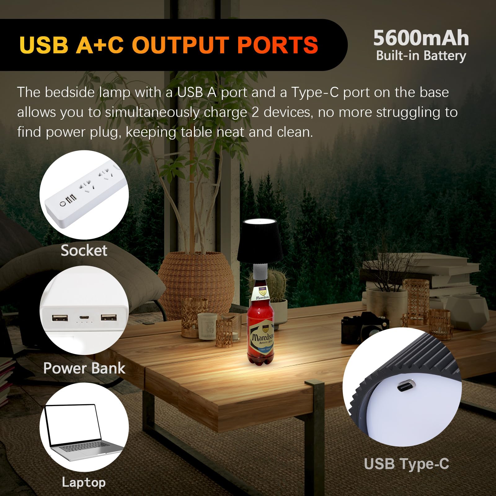 Oruno Wireless Bottle Lamp, Rgb Modes & 3 Color Stepless Dimming Bottle Lamp Shade, 5600Mah Rechargeable Touch Table Lamp With 80Cm Led Strip Lights, Desk Lamp For Bedrooms/Restaurants/Bars (Black)