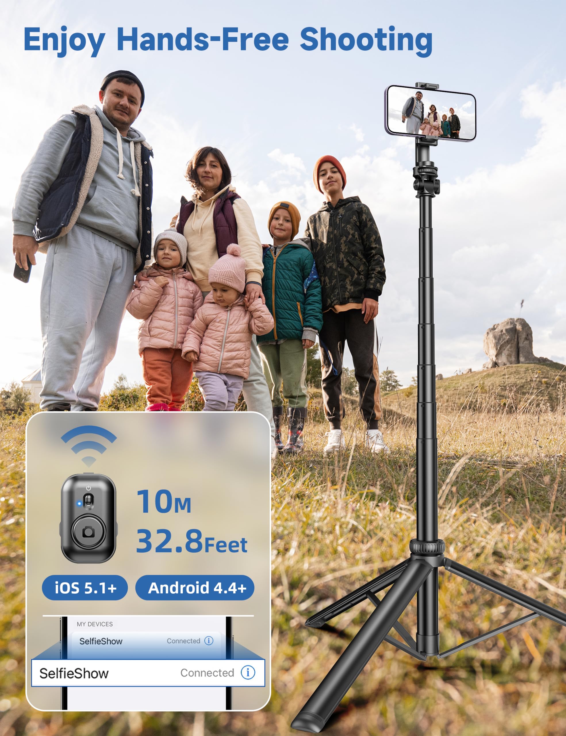 Selfieshow 75" Phone Tripod, Selfie Stick Tripod With Remote And Phone Holder, Extendable Tripod For Iphone, Aluminum Cell Phone Tripod Stand 360° Rotation Travel Tripod Compatible With Iphone Android, Gopro