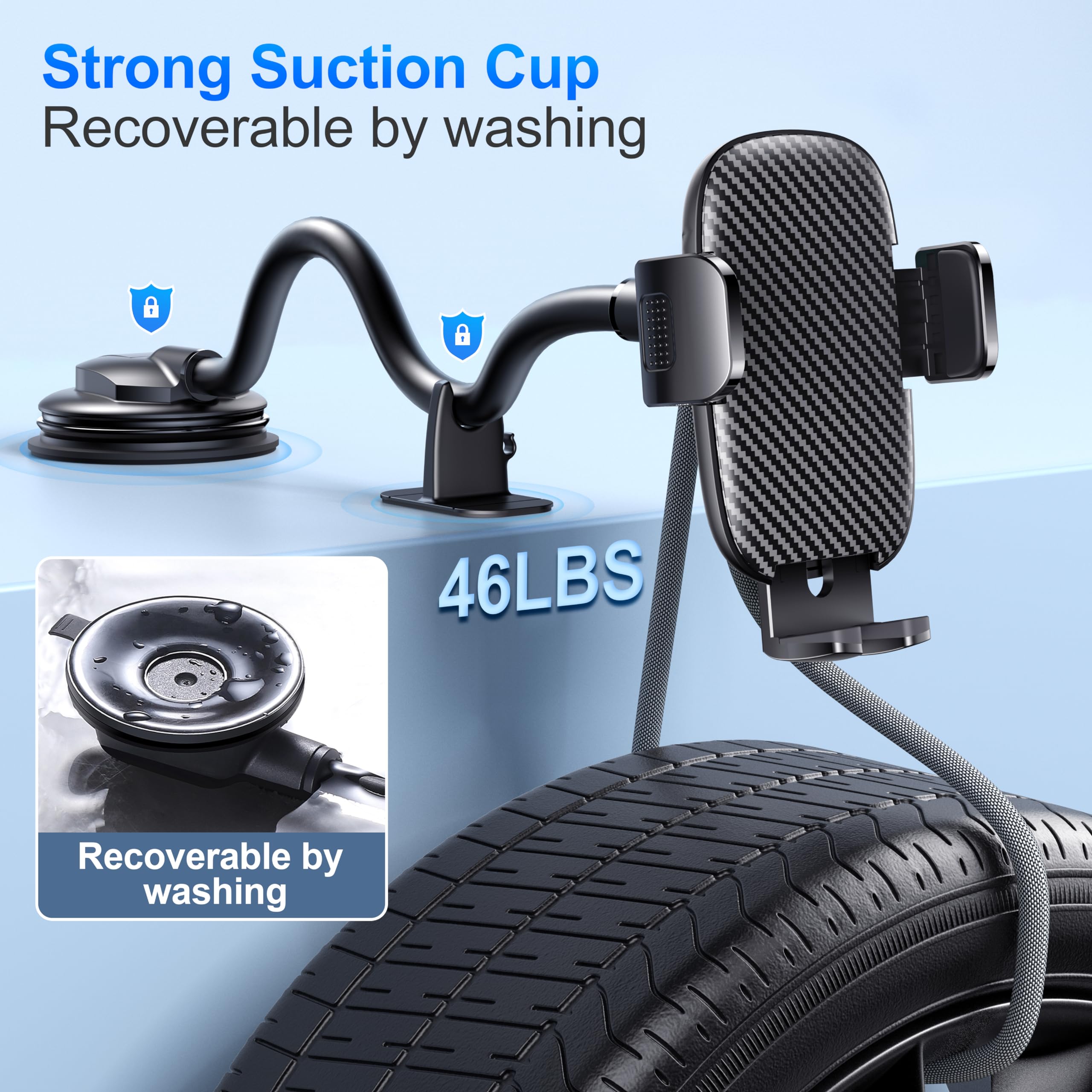 Chiclish Phone Holders For Your Car [Anti-Shake Stabilizer] Cell Phone Car Mount Long Arm Dashboard Windshield Cradle Automotive Accessories Car Phone Holder Fit For Iphone Android Smartphone
