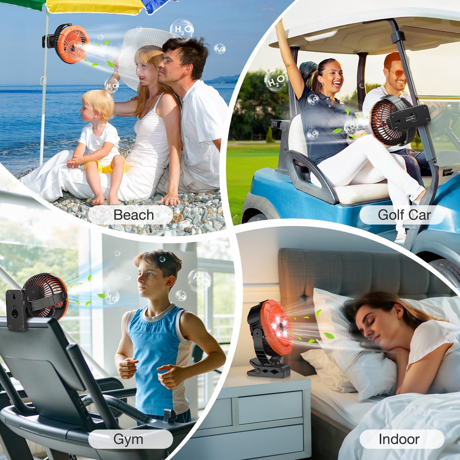 Ausic rechargeable clip-on misting fan, 100ml mist, LED light, and 5200mAh battery for effective outdoor cooling