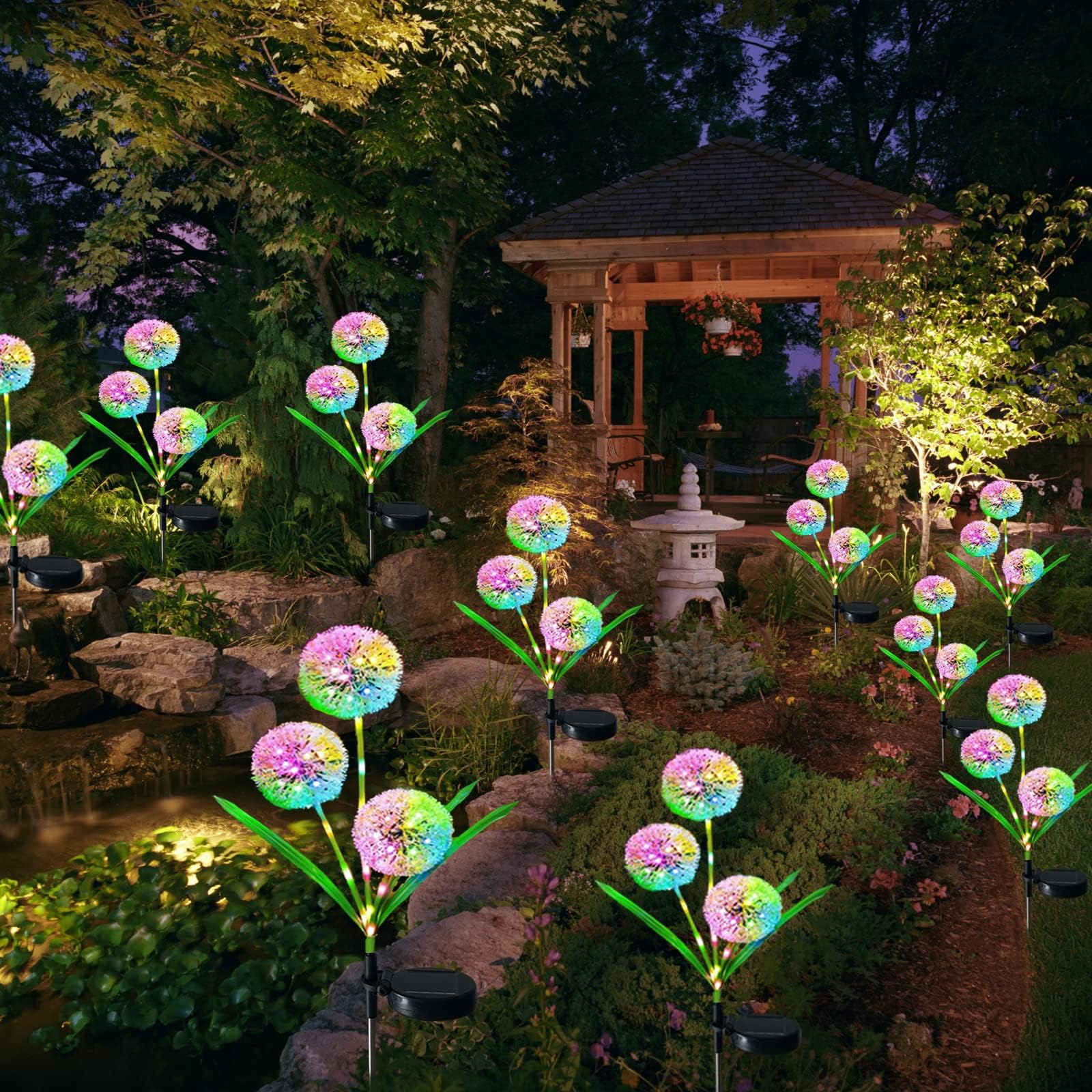 Xrr Solar Lamps For Outdoor Garden, 2 Pieces Solar Lights Garden Decoration 7 Colour Change Led Solar Garden Light Dandelion Waterproof Solar Flower Lamp For Terrace, Lawn And Patio