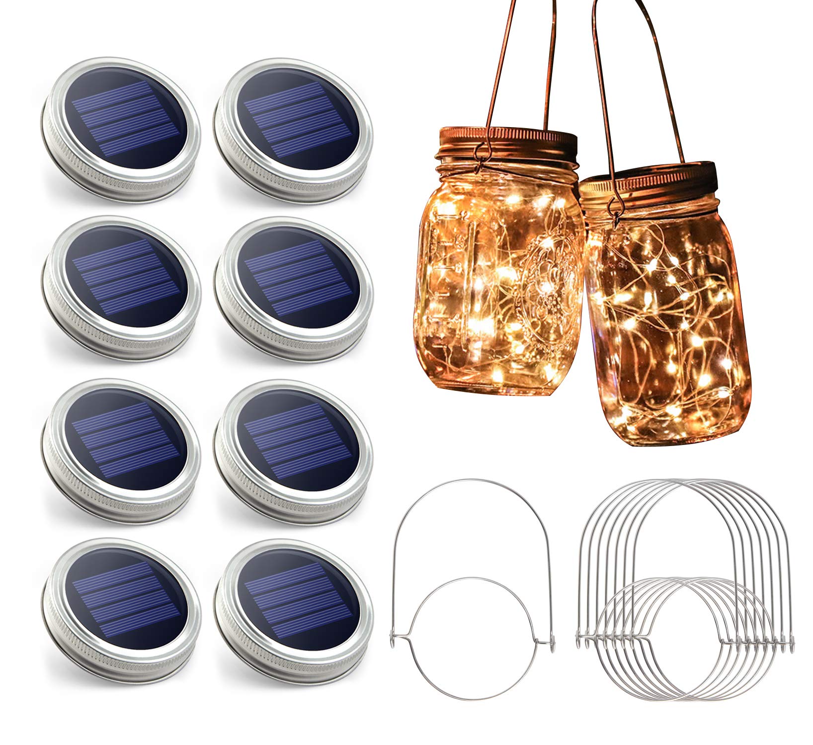 Urvoix Solar Mason Jar Lights - 8 Pack 30 Led Waterproof Jar Lids String Lights With 8 Handle (Jars Not Included), Perfect For Outdoor Garden Backyard Decorations