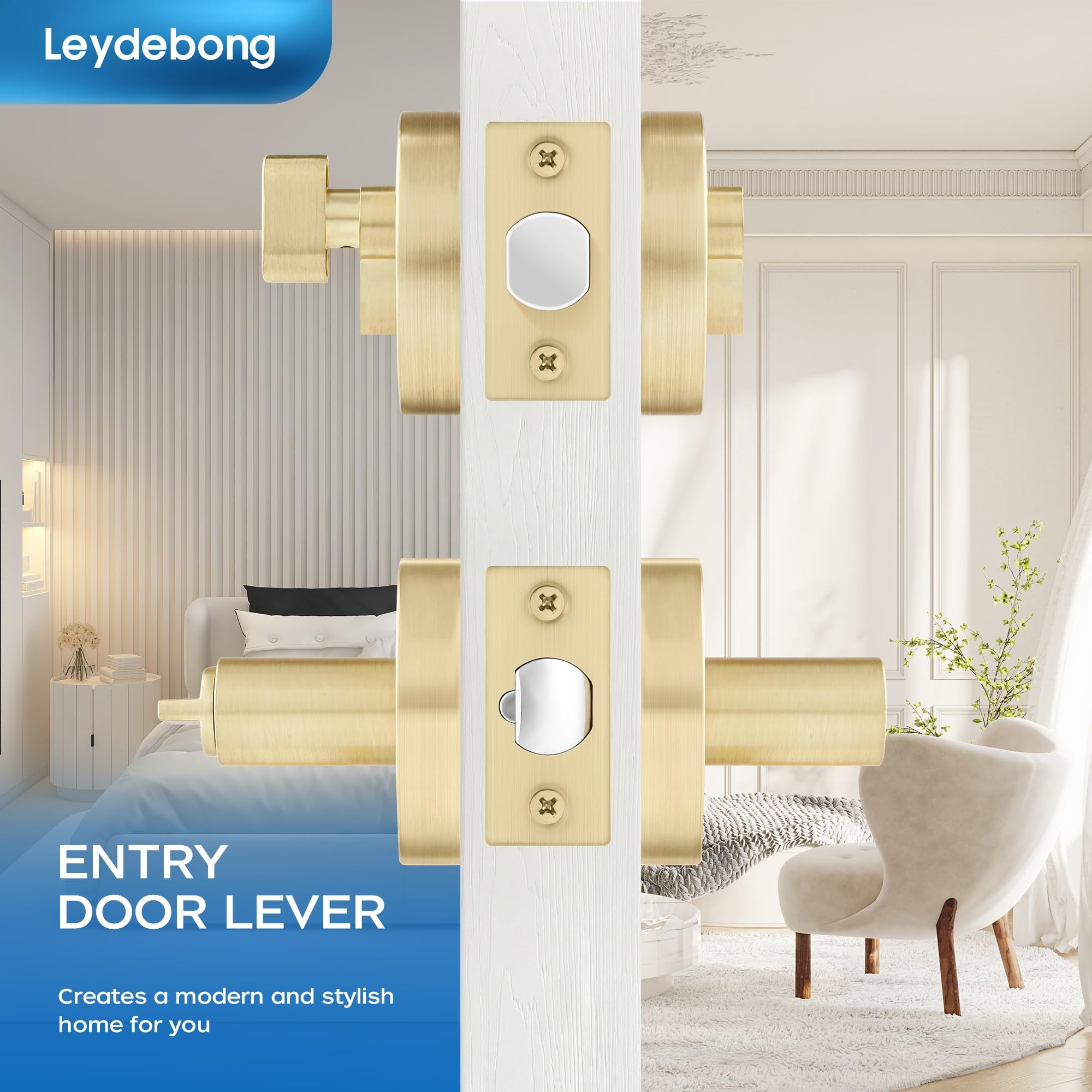 Leydebong 4 Pack Door Handleset With Single Cylinder Deadbolt, Gold Deadbolt, Reversible For Right And Left Side Single Keyed Alike Lock Set